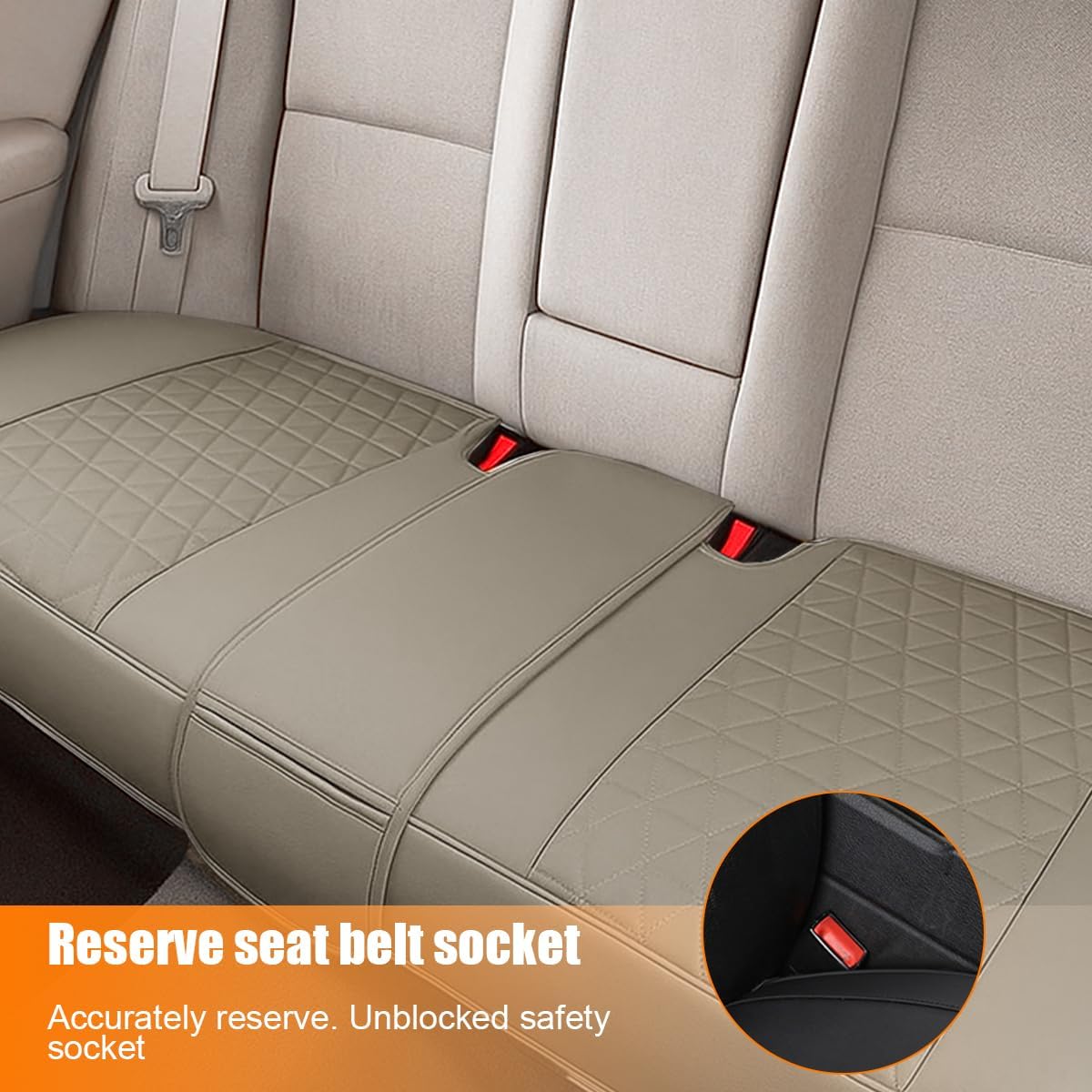 Leather Car Seat Cover, Vehicle Rear Bottom Seat Protector Pad, Full Surrounded Waterproof Auto Seat Protective Cushion with Storage Pocket, Universal Fit（Beige）