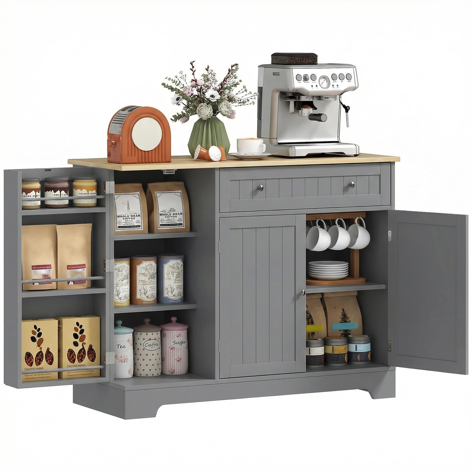 HOMCOM Aparador de Cocina, Armario de Cocina con 3 Estantes de Puerta, 1 Cajón, Estantes Ajustables, Aparador para Comedor, 105x40x83 cm, Gris