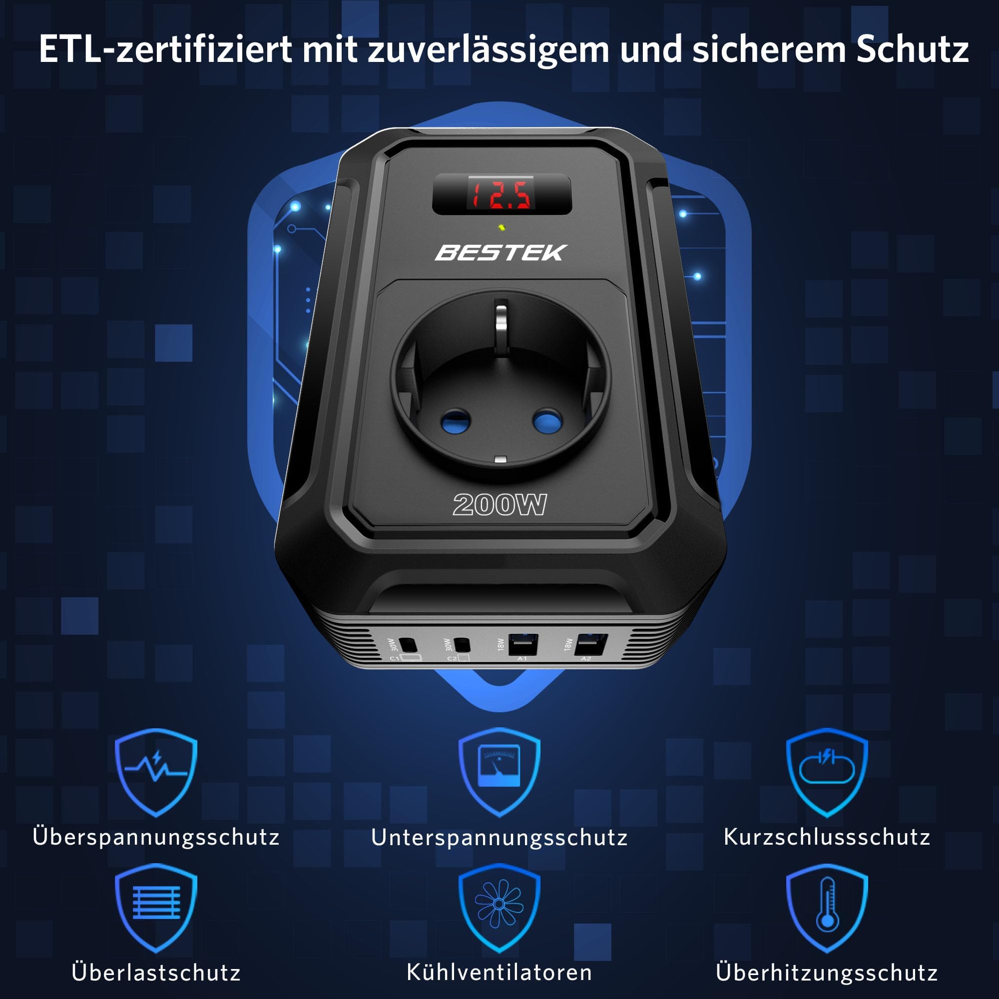 BESTEK 200W Spannungswandler 12 V auf 240 V 230 V AC Auto-Wechselrichter,3-pin Steckdosen,2PD 30W und 2 QC18W Anschlüsse Anschlüssen Zigarettenanzünderstecker,von Laptops, iPhones,und mehr,Schwarz