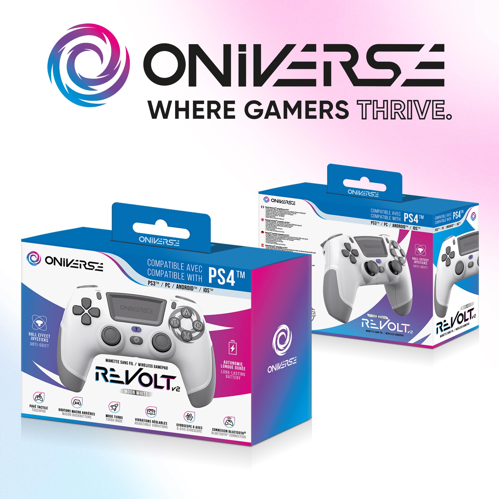 Kabelloser Controller für PS4 PS3 PC ANDROID iOS, Kopfhöreranschluss, Hall-Effekt-Joystick, Wiederaufladbarer 1000mAh-Akku, Makro-Tasten, Wake-up-Funktion, 6-Achsen-Gyroskop, Revolt White