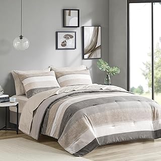 Madison Park Essentials Queen Comforter Set, Bed in A Bag Comforter & Sheet Set, Modern Casual Stripes Print, All Seasons,...