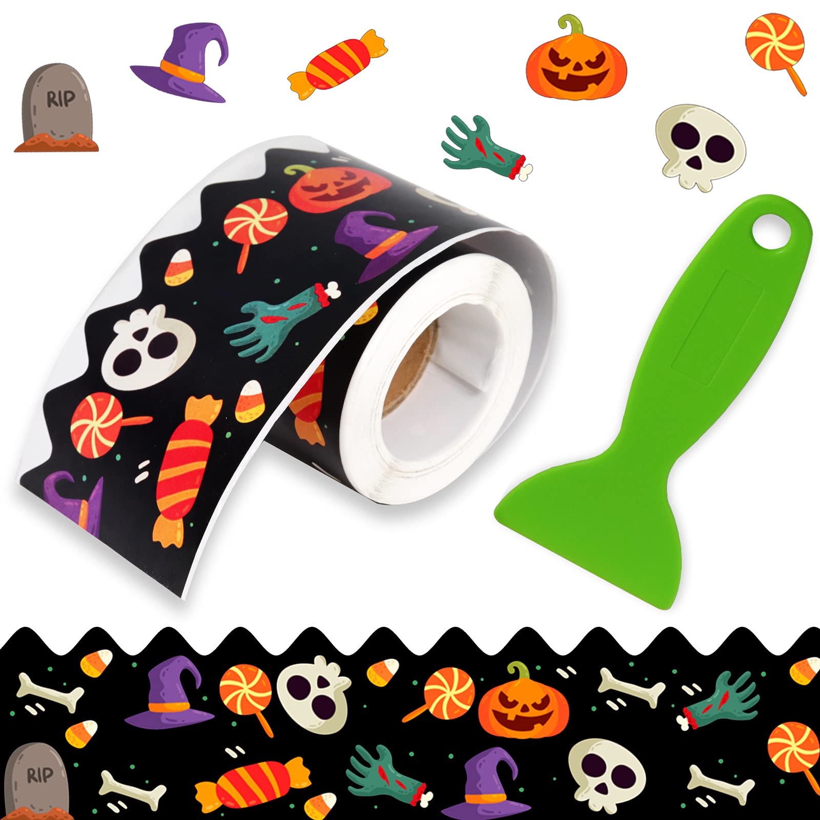 Bulletin Board Borders for Classroom Decorations, Yelsky Scared Halloween Theme Self-adhesive Trimmers, Rolled Border Trim Decorate Chalkboard for Teachers, Stickers with Scarper for School Decoration