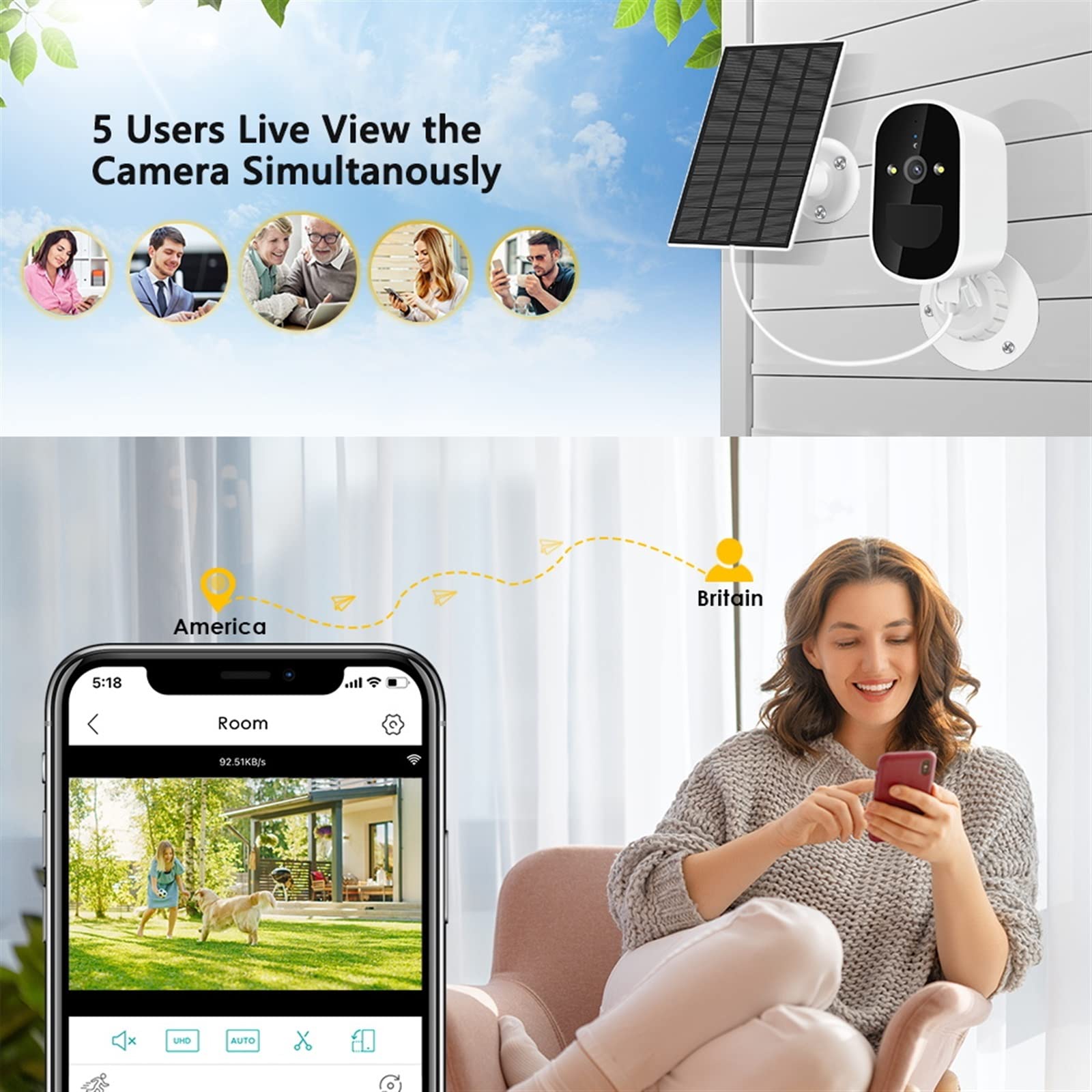 Telecamera Solare Wireless di Sicurezza CCTV IP Audio Full HD 1080P for Esterni con Telecamera a Batteria Ricaricabile 6000mAh(1080P ADD 64GB Card)