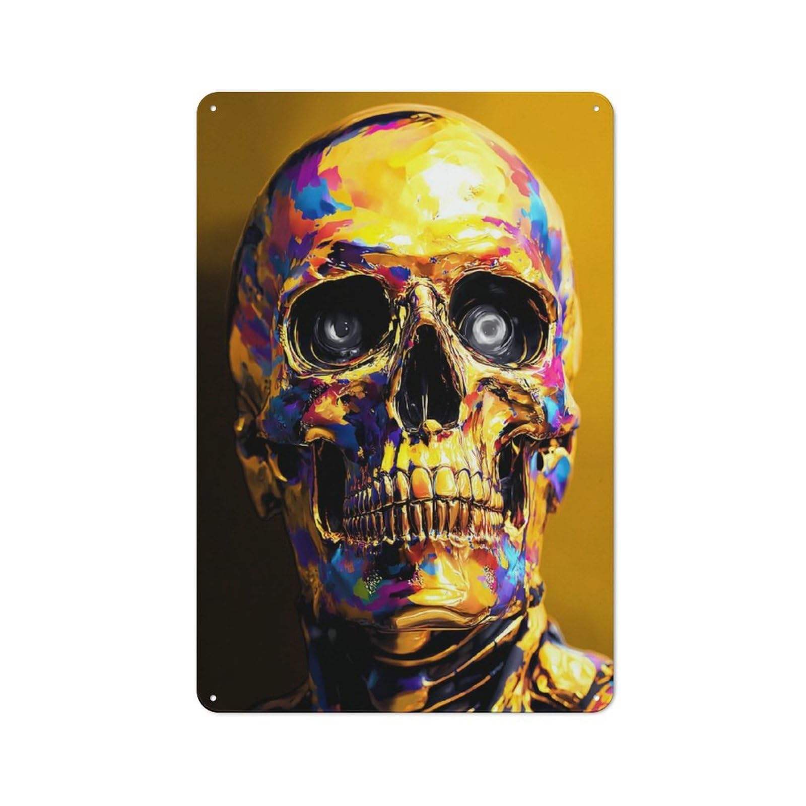Junmoney Golden Skull With Vibrant Colors Retro Metal Sign 30X20cm For Living Room Or Hallway, For Updating Living Room And Hallway After Moving