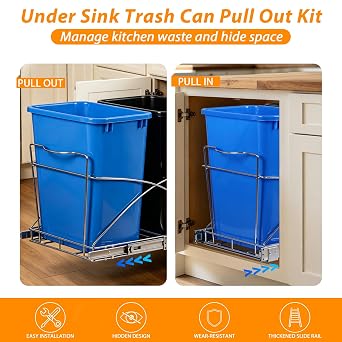 SUPER DEAL Double Pull Out Trash Can for Kitchen Cabinets 35-Quart Under Sink Garbage Sliding Waste and Recycling Bins with Chrome Wire Bottom Mount, 44 lbs Load Capacity, Black & Blue