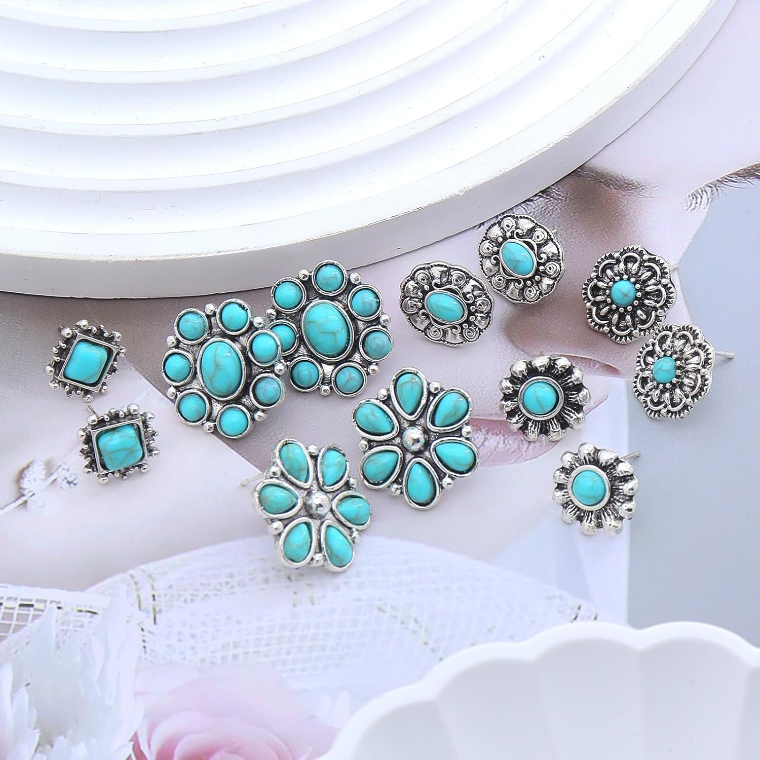 6 Pairs Vintage Turquoise Stud Earrings Set Bohemian Round Square Flower Earrings for Women Geometric Earring Western Ethnic Jewelry Accessories - Image 5