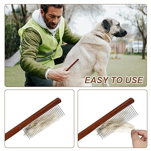 Miniatura 5 de 3 peines de aseo para mascotas, peines de madera maciza para gatos con dientes anchos y estrechos de punta redondeada, peine de metal para piojos de