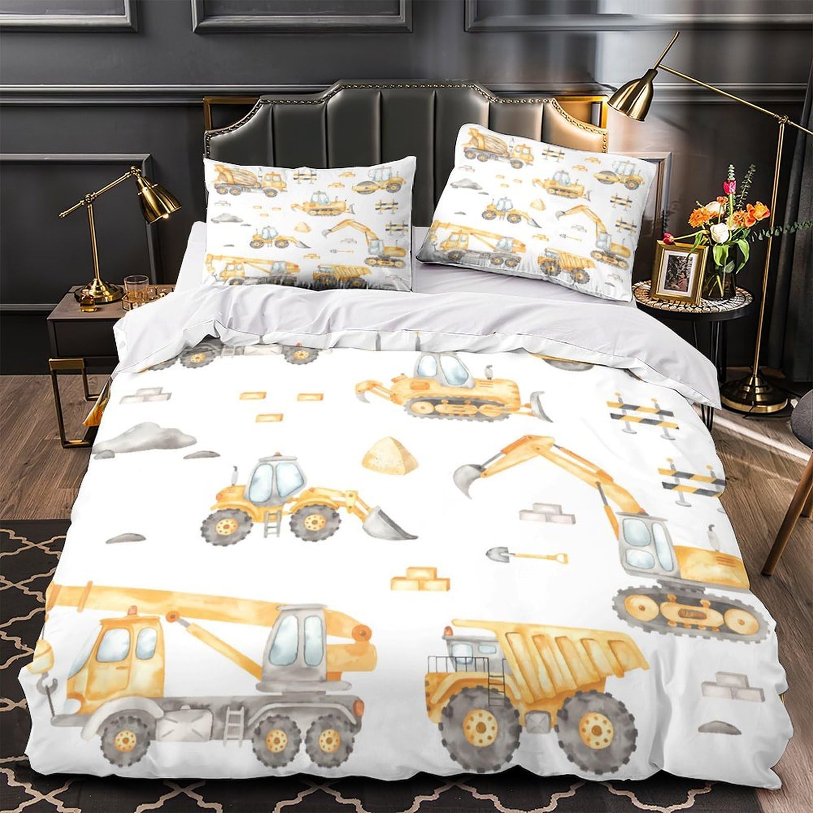 Housse de couette 140x200 cm véhicules de chantier drap microfibre enfant garçon avec taies