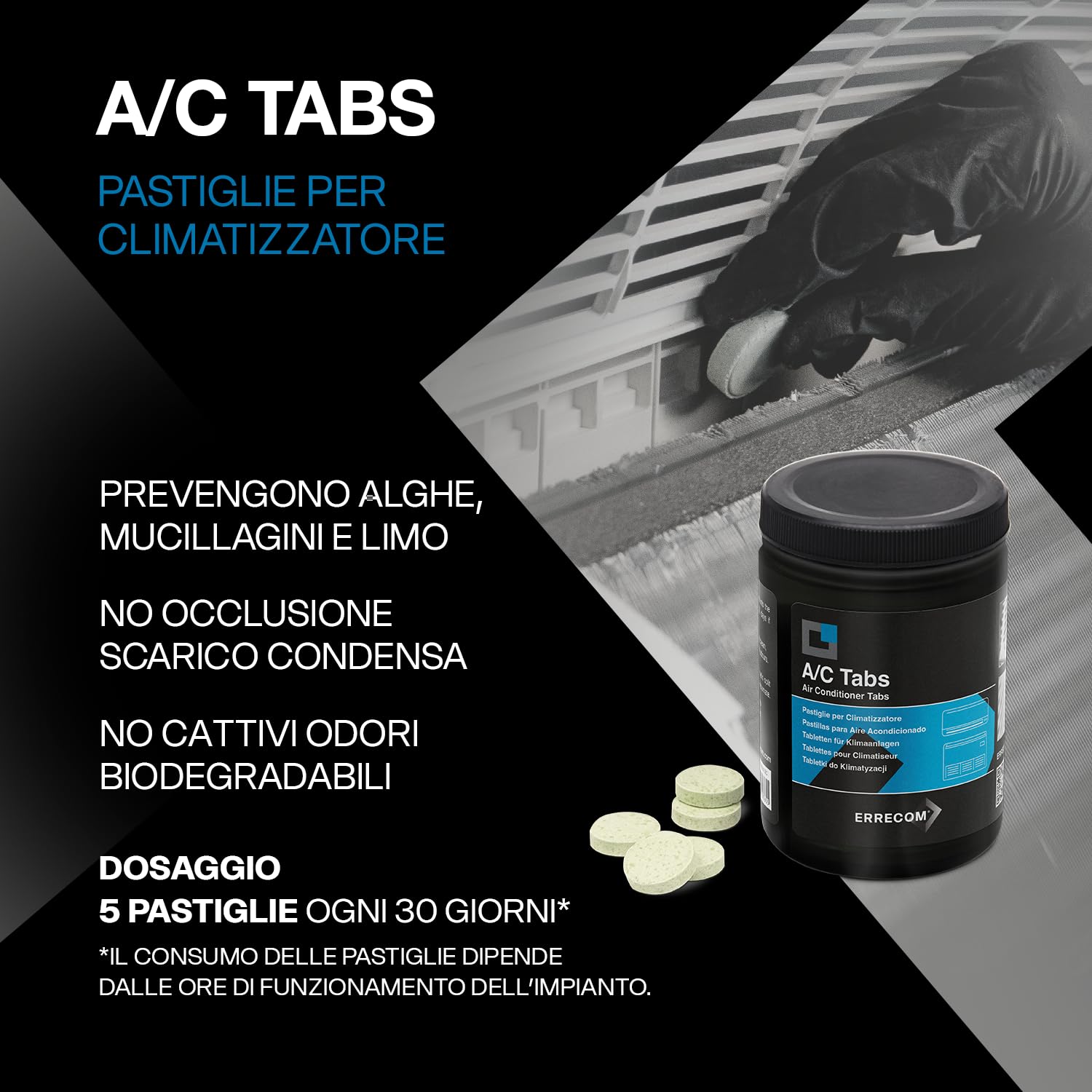 Errecom Kit Pulizia e Disinfezione Climatizzatori, Clima-Bact Detergente Disinfettante Biocida Registrato 1 L + Wally Cover Protezione Split + A/C Tabs 40Pastiglie Climatizzatore ad Azione Prolungata