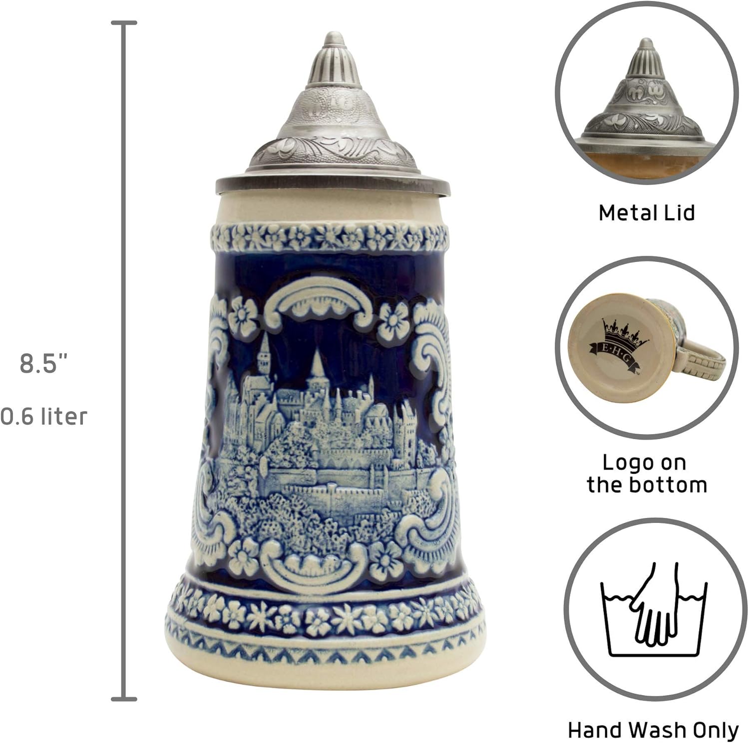 Essence of Europe Gifts 0.6 Liter German Beer Stein with Lid - Cobalt Blue Hand Painted Engraved Mug Beer Steins - Oktoberfest Ceramic Tankard Beer Mug