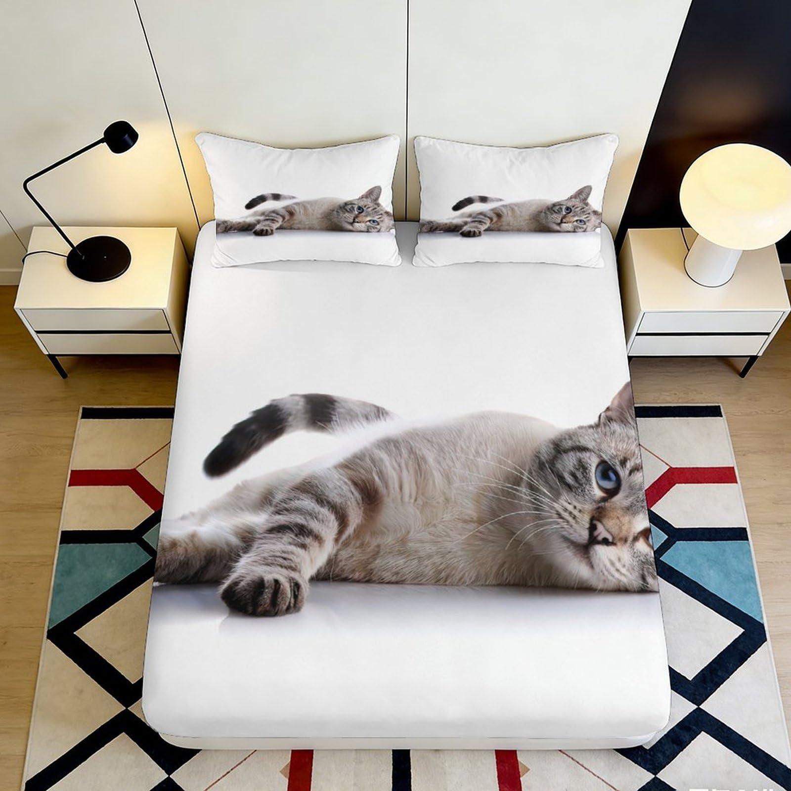 3D Printed Cat Pattern Fitted Sheet Microfiber Soft Breathable Relaxed Cat Mattress Cover for Bedroom Dormitory Guest Room Mattress Protection Decor 120x200x25cm
