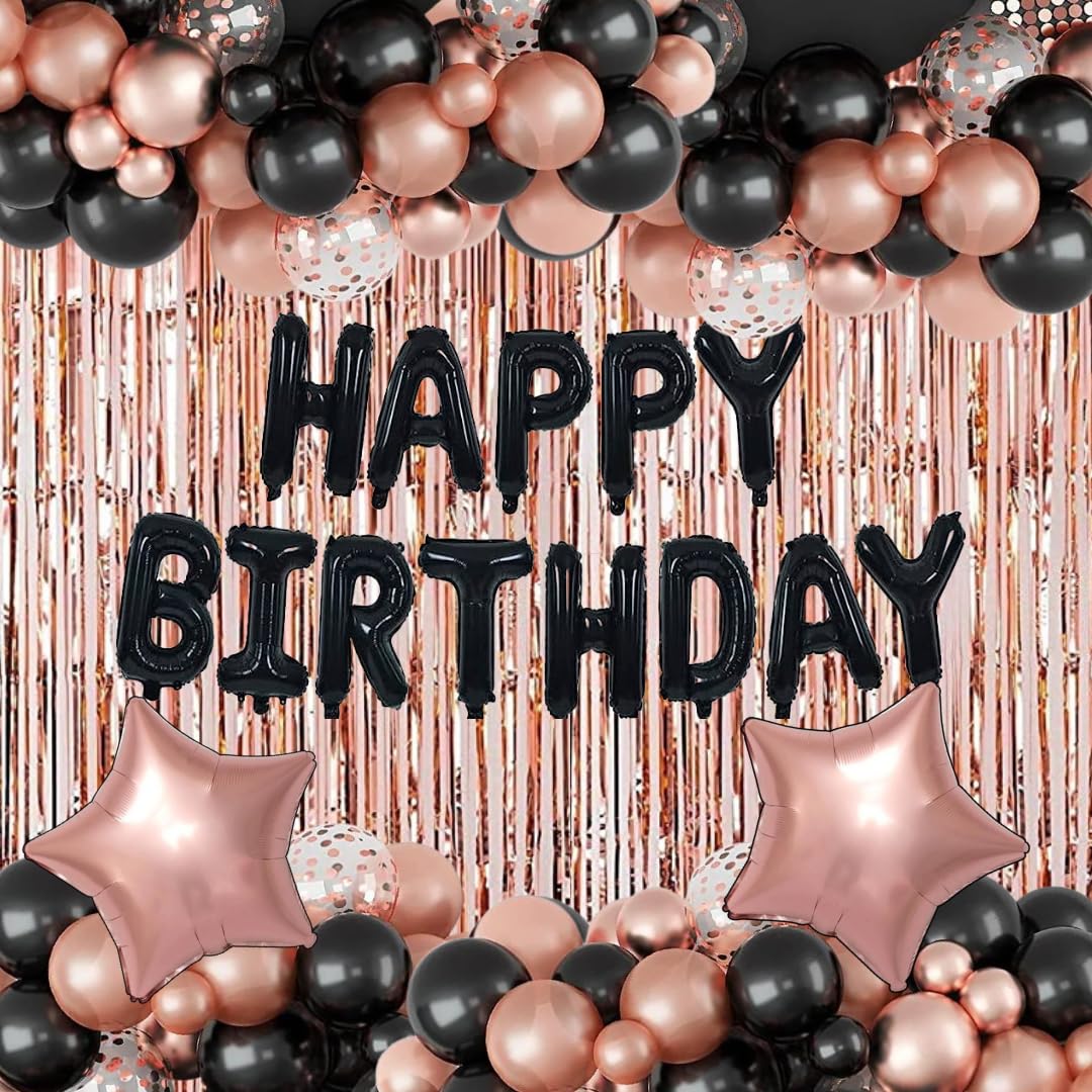 Black & Rose Gold Birthday Decorations for Boys, Girls, Kids, and Adults - Party Supplies and Theme Decor