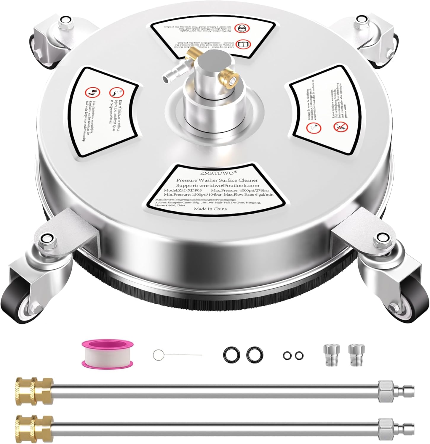 14" Pressure Washer Surface Cleaner with 4 Wheels, 4000 PSI Max Stainless Steel Surface Cleaner for Pressure Washer, 2 Extension Wands, 1/4" Quick Plug, for Concrete, Patio, Sidewalk, Deck