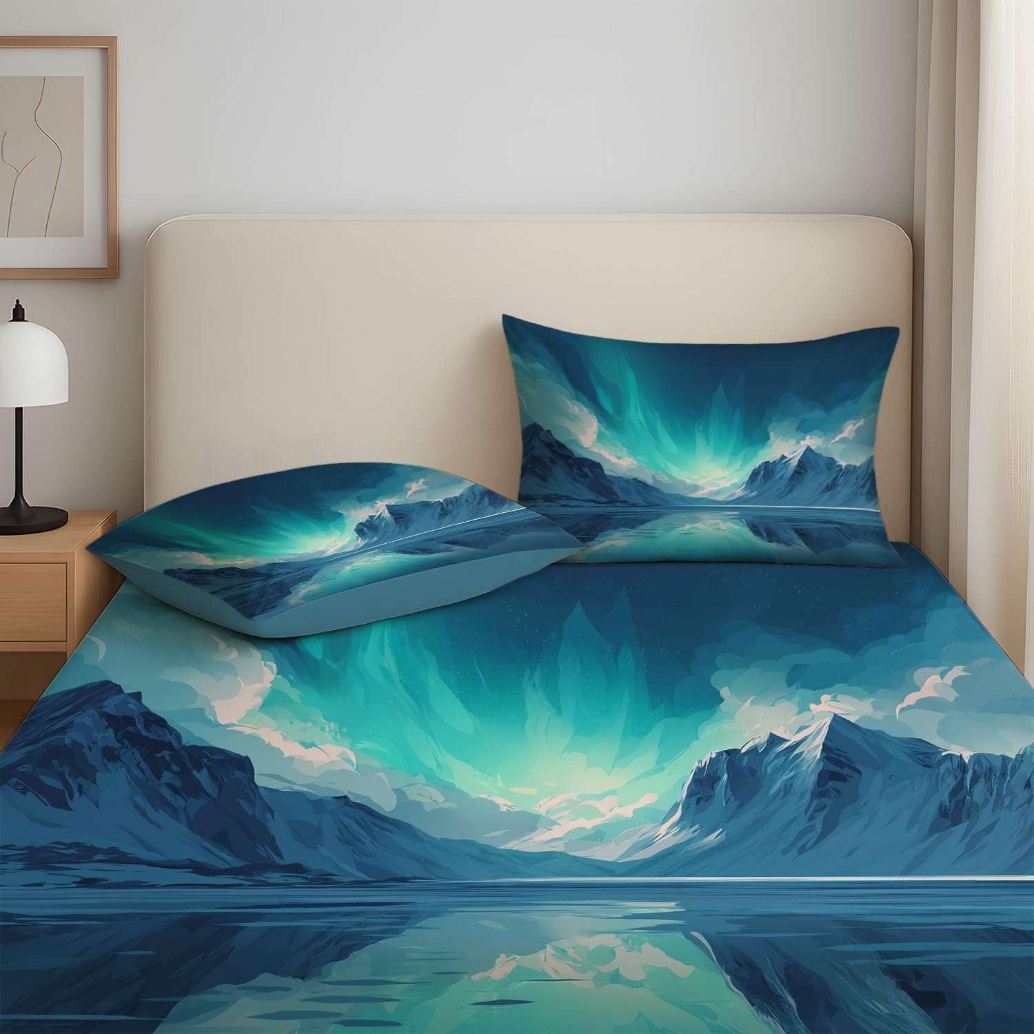 Prächtig Polarlicht Spannbetttuch 140 x 200 x 30 cm 3teilig 2 Kissenbezüge 80 x 80 cm Elegant Schneeberg Hell Sternenhimmel Spannbettlaken Set für Kinder Jugendliche Erwachsene Mikrofaser Bettwäsche
