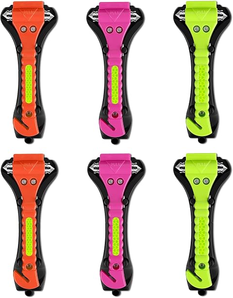 Car Safety Hammer,6 Pack Car Window Breaker Tool 2 in 1 Seat Belt Cutter and Glass Breaker with Light Reflective Tape for Car Accessories and Emergency Escape Tools