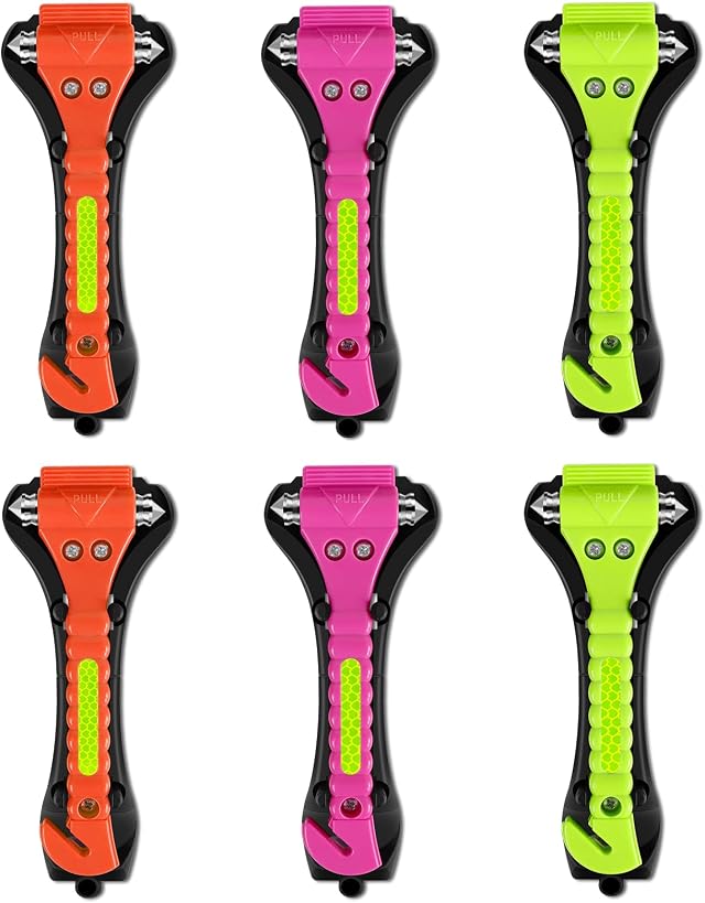 Car Safety Hammer,6 Pack Car Window Breaker Tool 2 in 1 Seat Belt Cutter and Glass Breaker with Light Reflective Tape for Car Accessories and Emergency Escape Tools