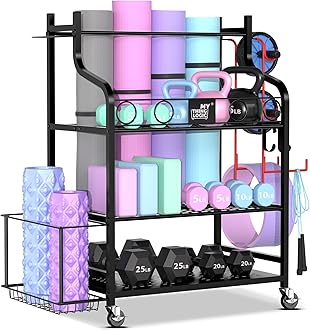 - Mythinglogic Yoga Mat Storage Racks,Home Gym Storage Rack for Dumbbells Kettlebells Foam Roller, Yoga Strap and Resistance Bands, Workout Equipment Storage Organizer With Hooks and Wheels