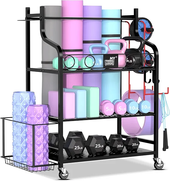 Mythinglogic Yoga Mat Storage Racks for Home, Gym Rack for Dumbbells Kettlebells Foam Roller, Yoga Strap and Resistance Bands, Workout Equipment Organizer With Hooks and Wheels