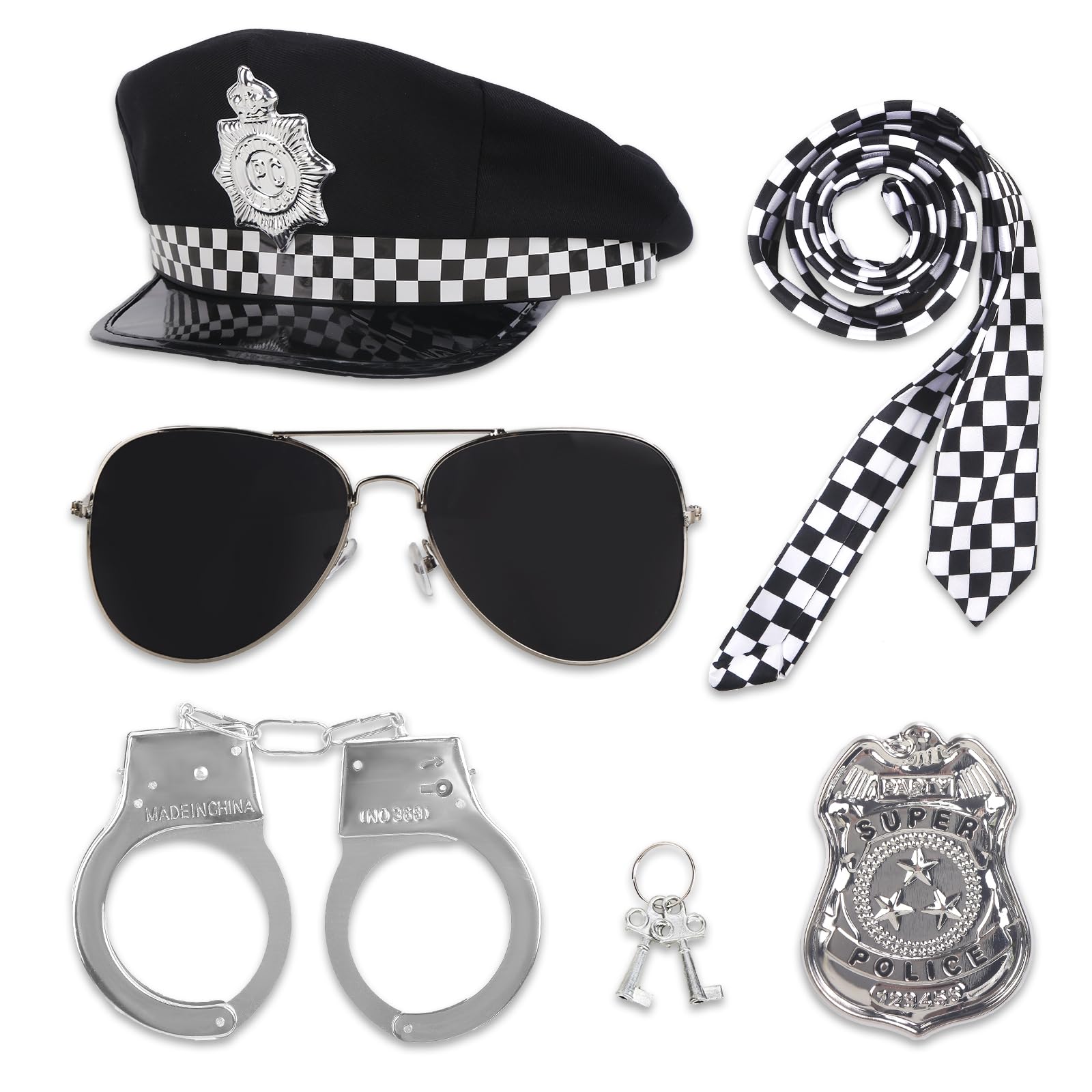 P Police Costume Accessories, Halloween Costumes for Women Men Girls Boys Kids Adult Police Hat and Handcuffs Badge Tie Sunglasses for Cosplay Halloween Dress Up Theme Party Role Play Accessories