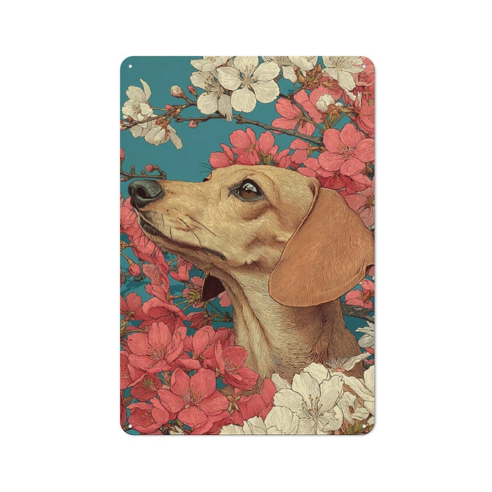 Junmoney Dachshund In Blossoms Printed Metal Sign 30X20cm For Kitchen Or Home Bar, Housewarming Present For People Styling Kitchen And Home Bar