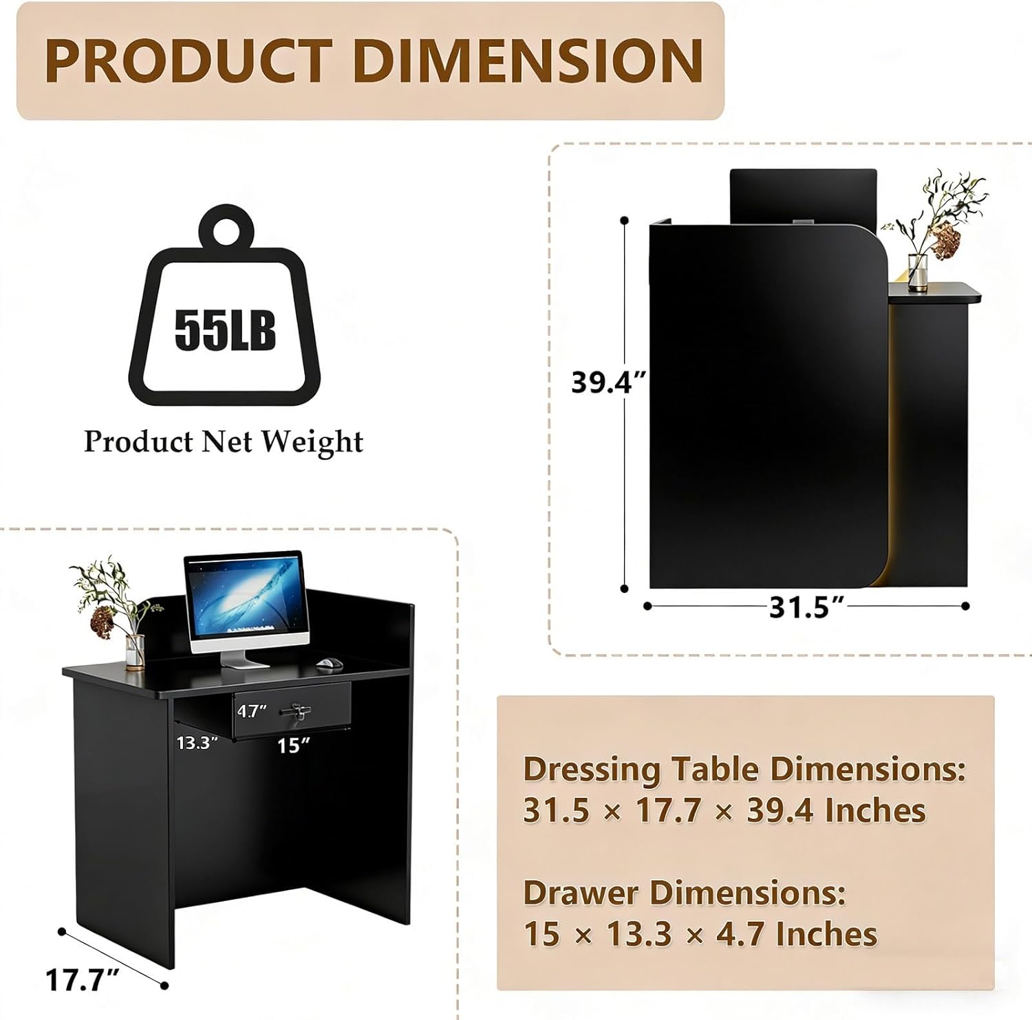 Reception Desk Small Front Desk Reception Counter 31.5"×17.7"×39.4" Salon Receptionist Table with Lockable Drawers, for Home Office Lobby Clothing Shop Hotel(Black)
