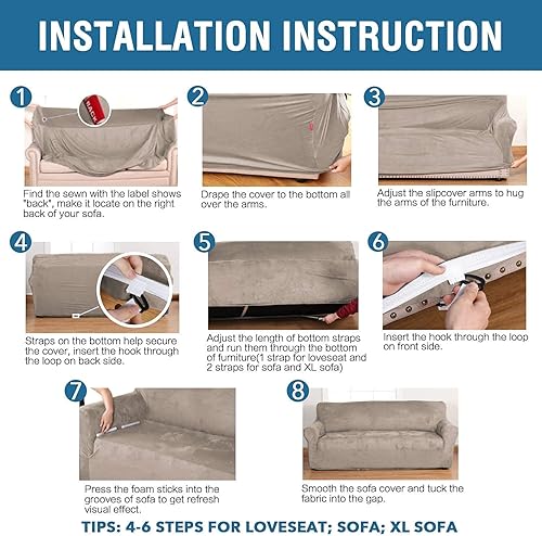 Miniatura 7 de H.VERSAILTEX Funda elástica de terciopelo para sofá, fundas de sofá para sofá de 3 cojines (72-96 pulgadas, gris topo), funda para sofá biplaza,
