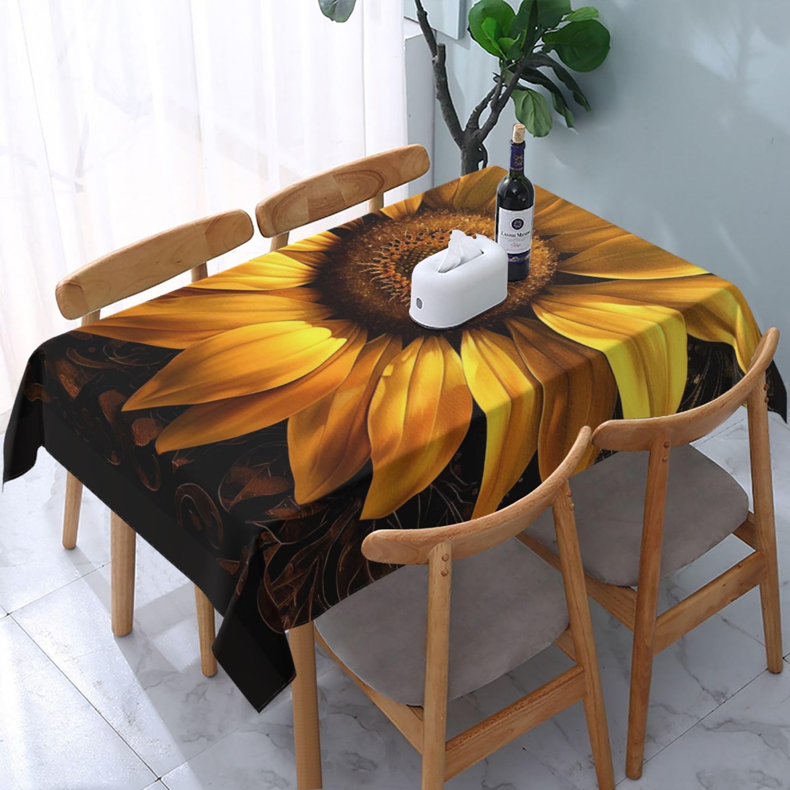 Nappe rectangulaire jaune tournesol 180x135 en tissu pour table de cuisine