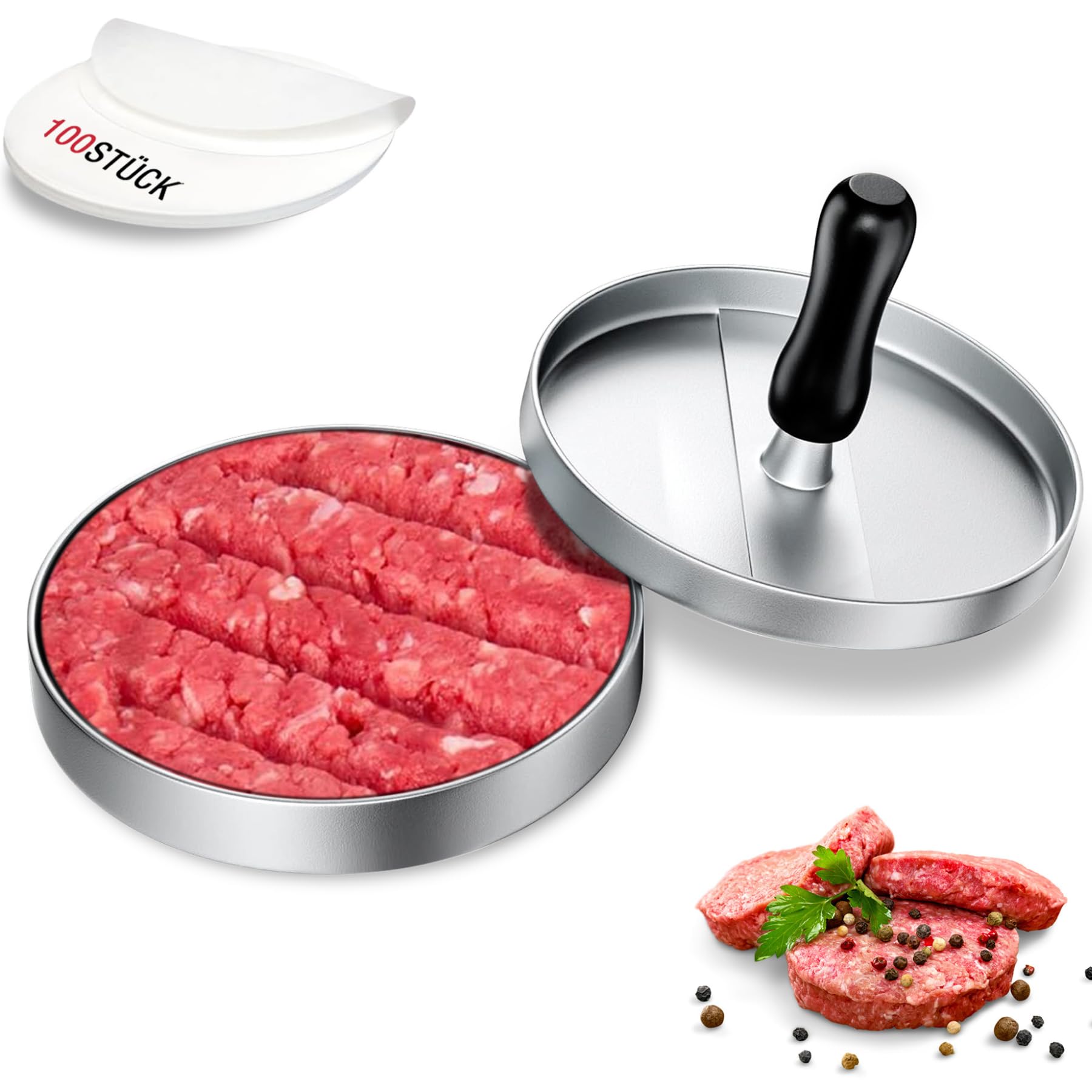 JUANSHI® Pressa per Hamburger con 100 Fogli di Carta da Forno Stampo per Hamburger Rivestimento Antiaderente Pressa per Hamburger, 12 cm Macchina per Hamburger (Argento)
