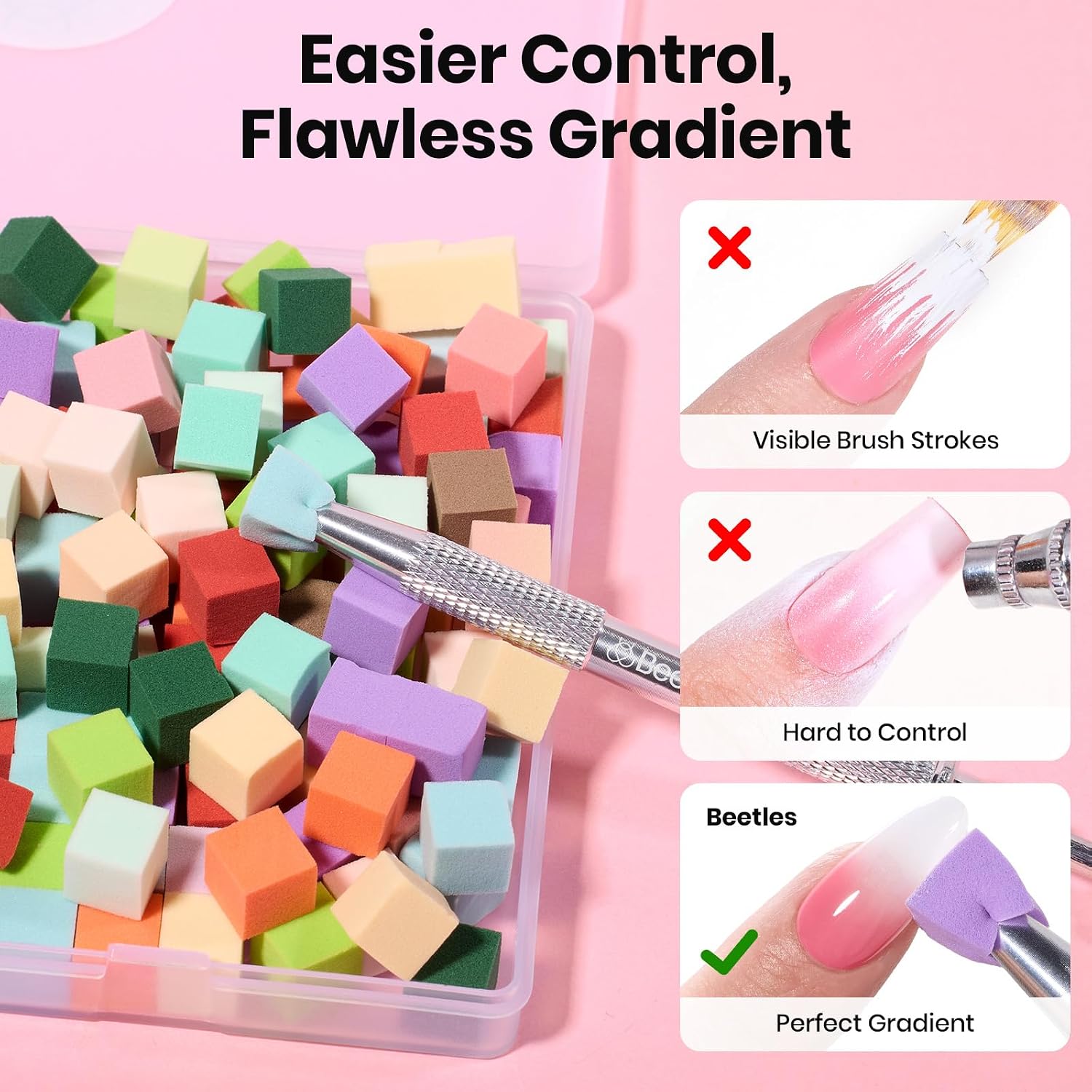 Beetles 150Pcs Soft Nail Sponges for Ombre, Colorful Nail Sponge with Grabbing Pen, White Pat Painting Gel Polish Kit for Gradient Ombre Blush Chrome Design Nails Art Tools, Home DIY Salon Manicure