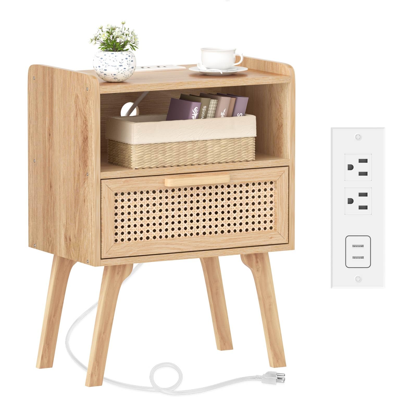 Lerliuo Rattan Nightstand with Charging Station, Boho Night Stand with Handmade Natural Rattan Drawer and Open Shelf, Cane Accent Side End Tables with