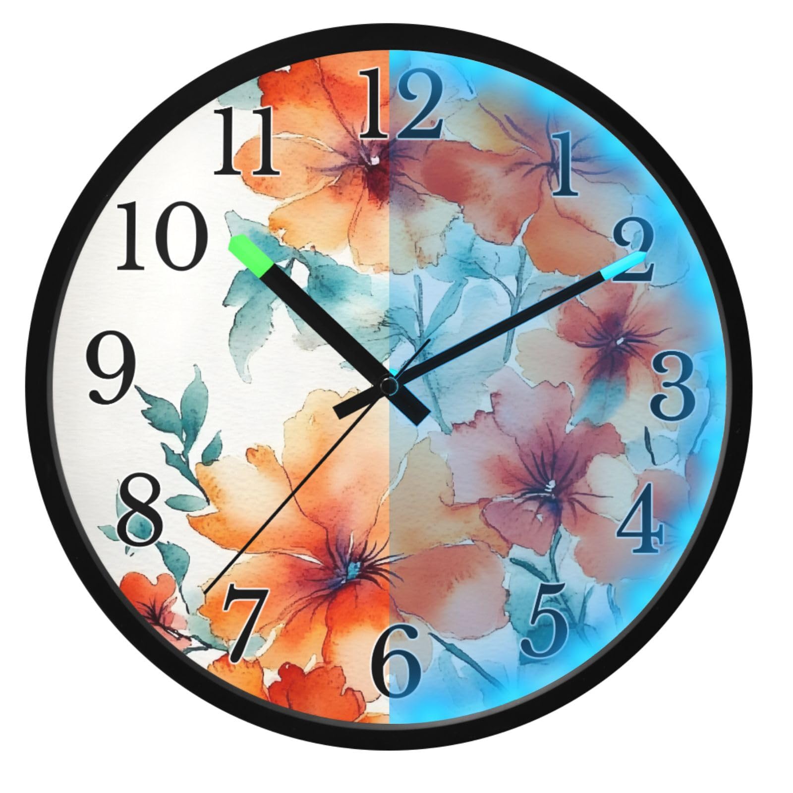 Mnsruu Reloj de pared luminoso con diseño de amapola y flores naranjas, reloj de pared que brilla en la oscuridad, funciona con pilas, silencioso, sin tictac, luz nocturna para dormitorio