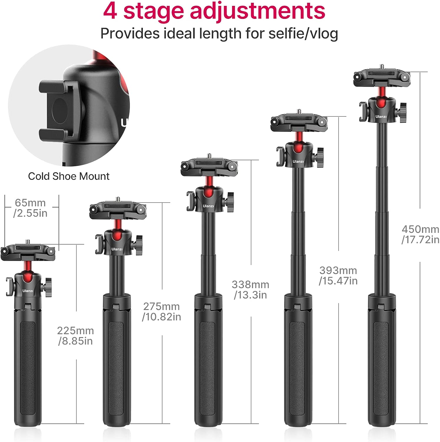 Mini Tripod for DSLR Camera Extendable - MT-41 DSLR Small Tripod Selfie Stick Flexible Handle with Cold Shoe, 4 Levels Adjustment 360°Ball Head Portable Vlogging Tripod Compatible for DSLR ZV1 M50 : Electronics