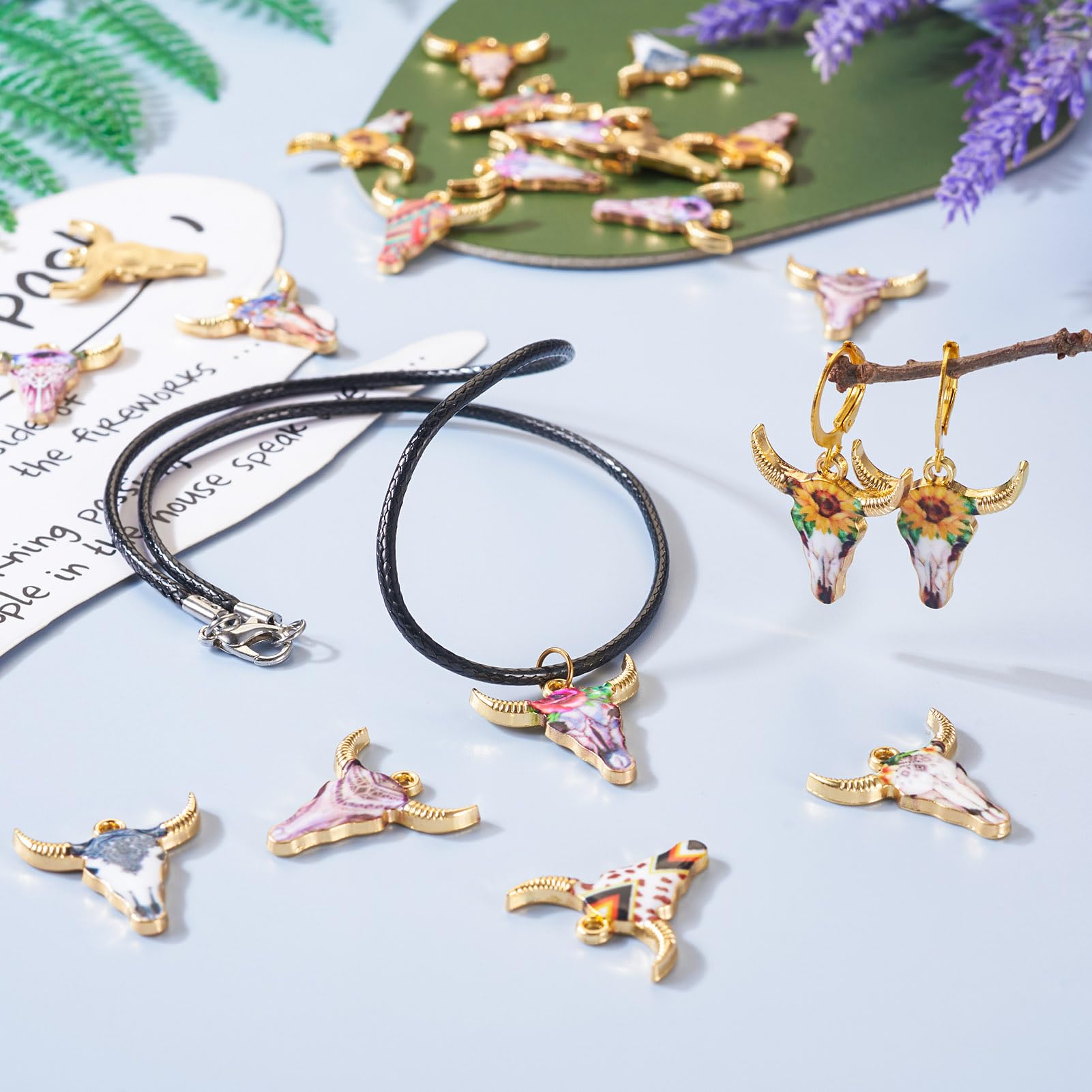 Cheriswelry 22pcs Cattle Head Metal Pendants Light Gold Alloy Enamel Dangle Charms Cow Necklace Pendants Colorful Hang Ornament 22x21mm for DIY Craft Earring Bracelet Jewelry Making