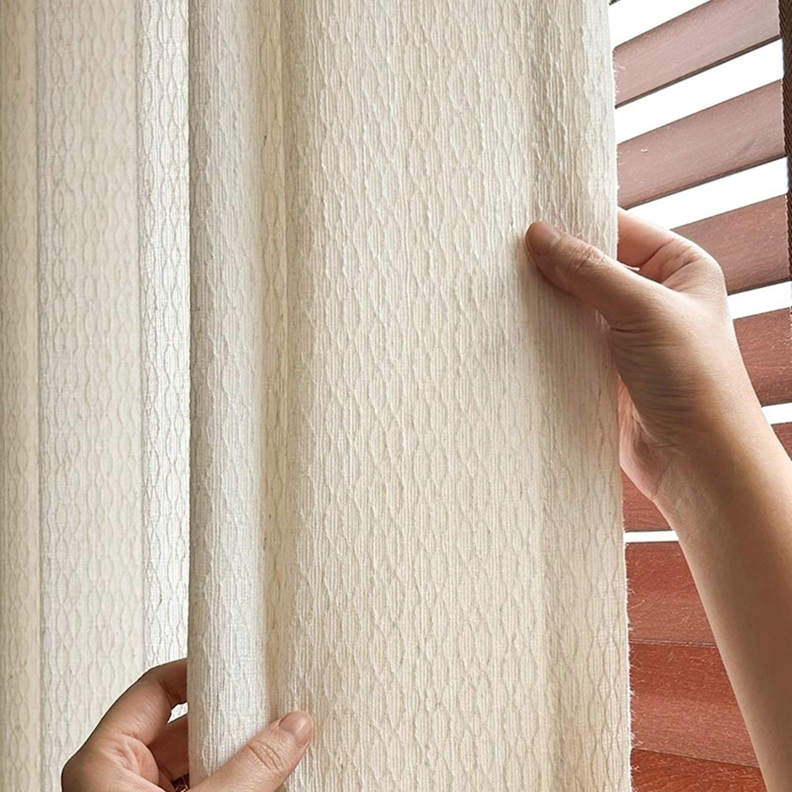 Rideaux Voilages Salon, 96x160cm Couleur Unie avec Textures géométriques Rideaux et tentures élégants pour Salon, Chambre à Coucher 2 Panneaux en Chanvre, Beige