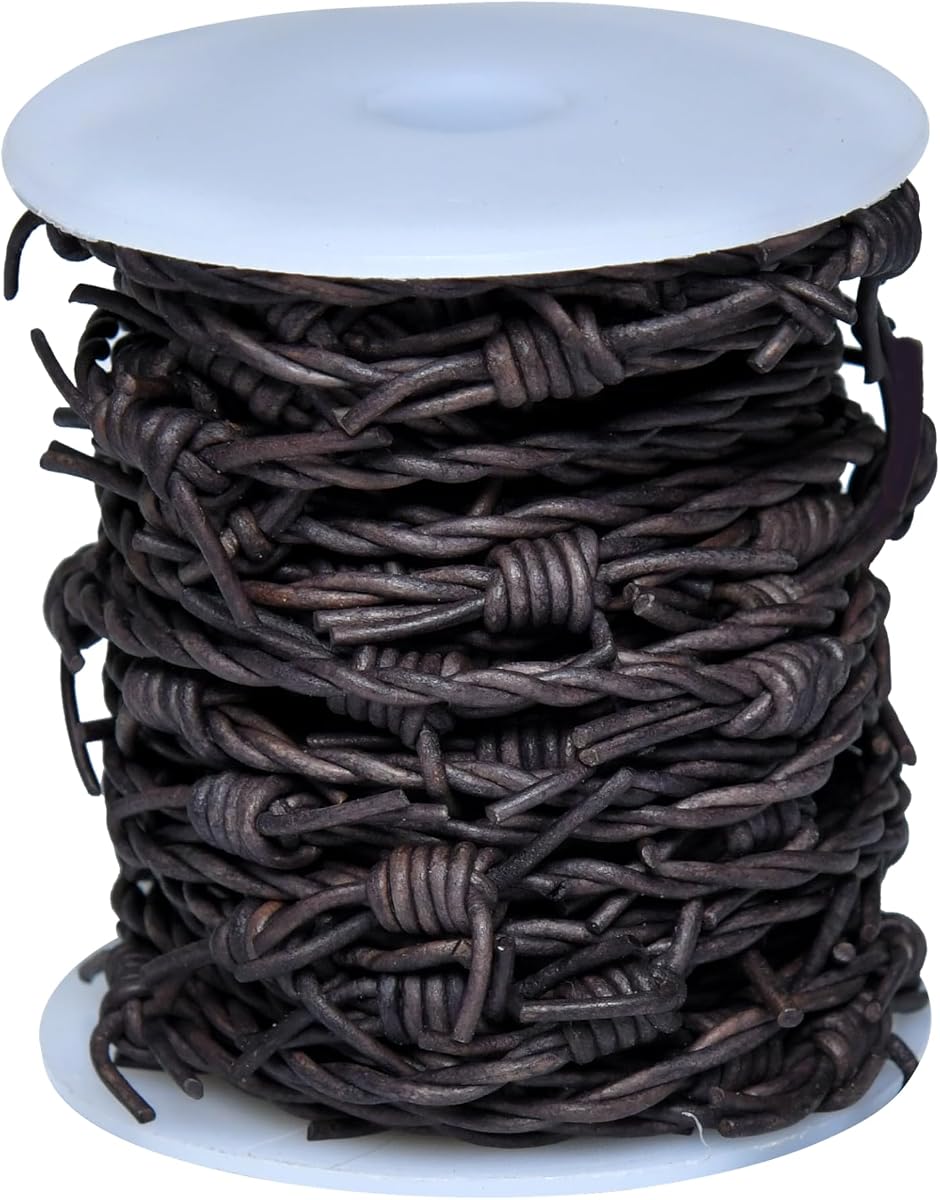 Cinta de alambre de púas artificial de cuero de 33 pies, gris | Adorno para decoración del hogar, fiesta temática de CowBoy occidental, embrujado de Halloween, cajas de regalo, manualidades DIY, carrete de 33 pies