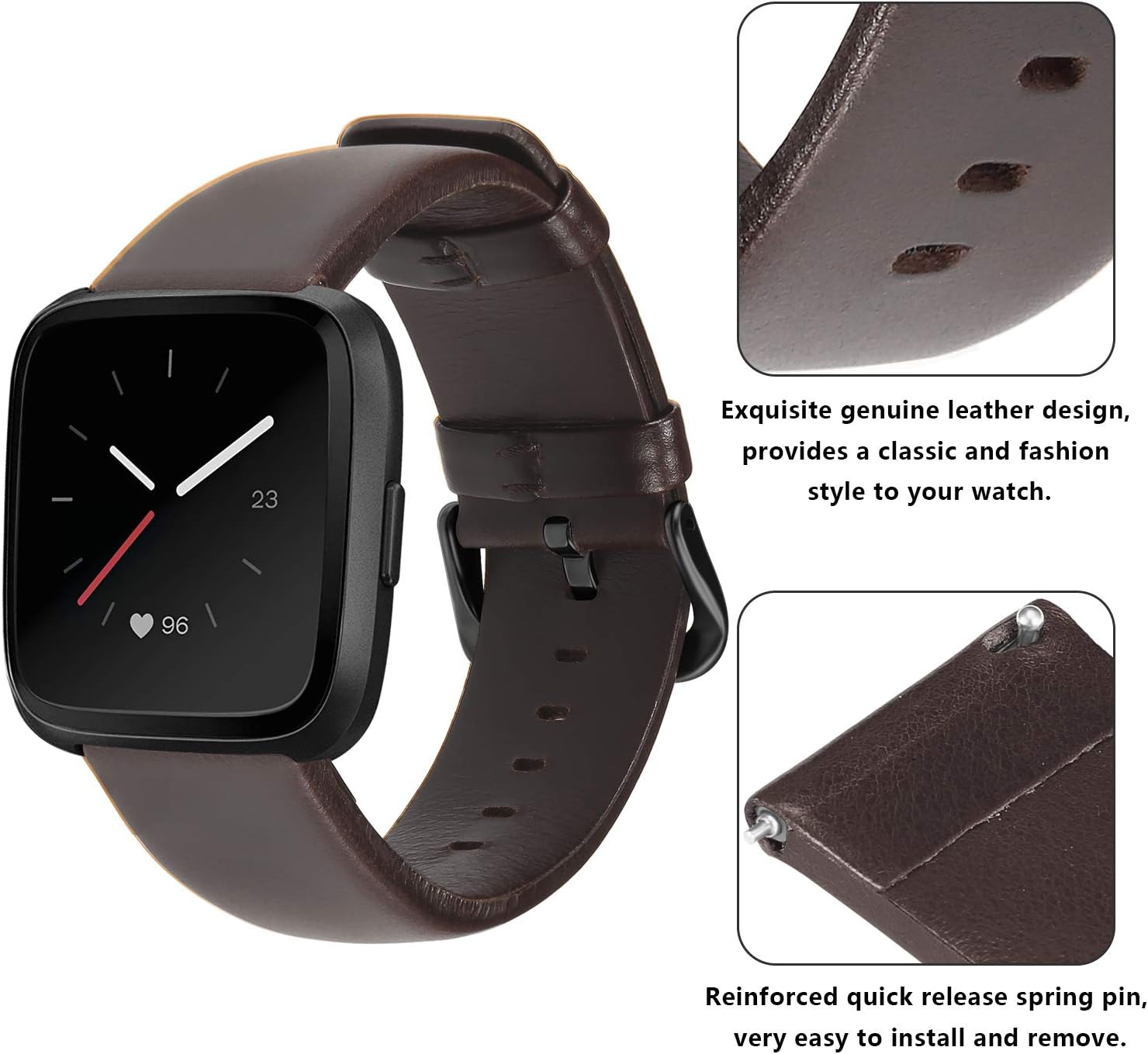 UMAXGET Leather Band Compatible with Fitbit Versa/Fitbit Versa 2/Versa Lite/Versa SE, Classic Genuine Leather Replacement Wristband for Women Men (6.1-8.1 inches, Dark Brown + Black Buckle)