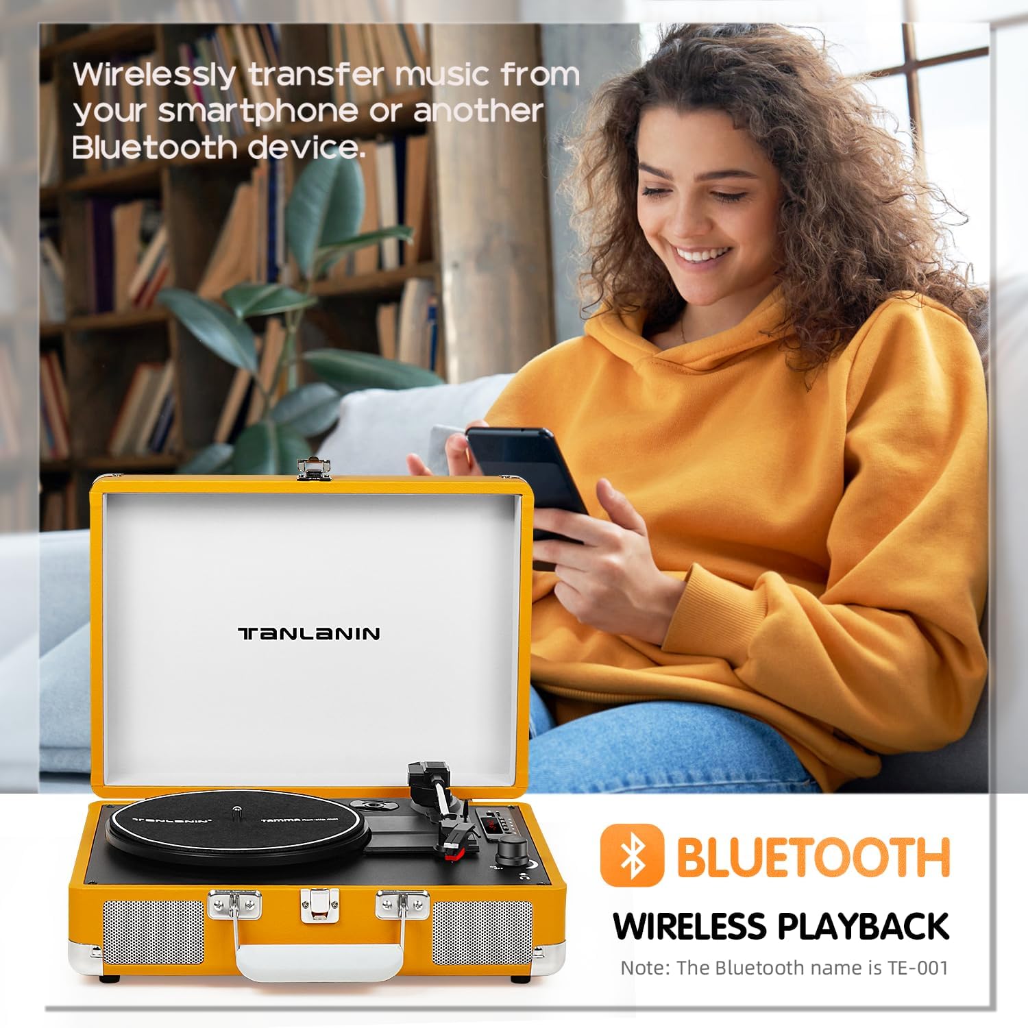 A person using a smartphone to wirelessly transfer music to the turntable via Bluetooth, with a Bluetooth icon and text 'Wireless Playback'.