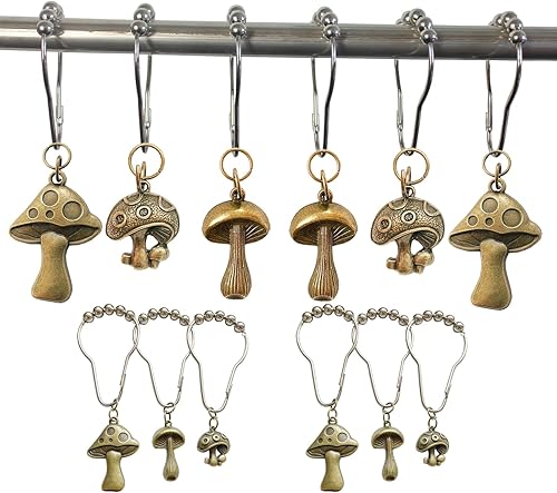 Ganchos para cortina de ducha de hongos, 12 piezas de metal a prueba de óxido, lindos anillos retro para cortina de ducha con hongos para decoración