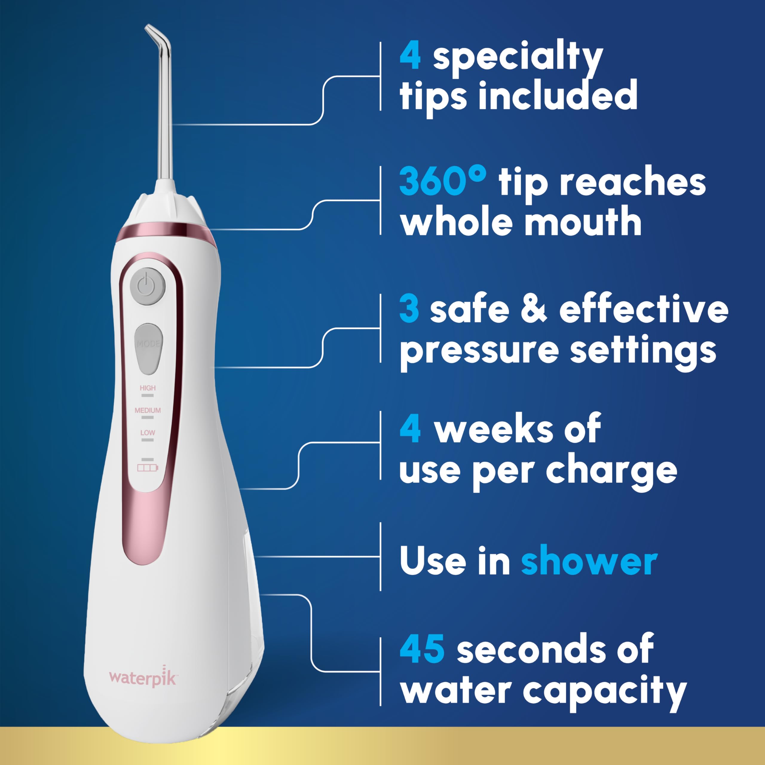 Waterpik - Hydropulseur sans fil avancé 2.0 pour les dents, les gencives, les appareils dentaires, soins dentaires avec sac de voyage et 4 embouts, accepté par l'ADA, rechargeable, portable et étanche