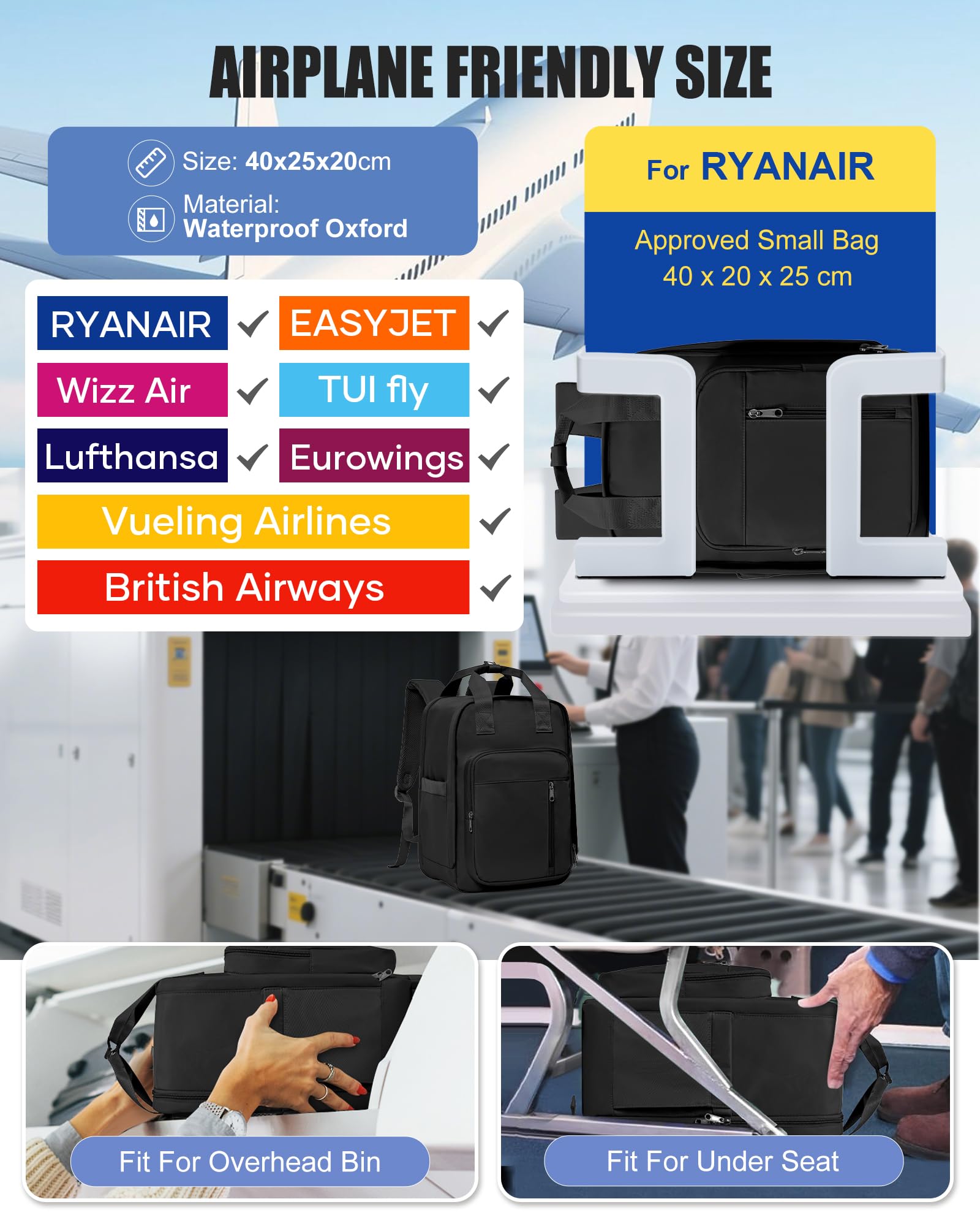 SZLX Zaino Ryanair 40x30x20 Sottovuoto con Pompa Zaino Ryanair 40x20x25 Donna Zaino da Viaggio Wizzair Bagaglio a Mano Uomo per Laptop da 14 Pollici Borse da Cabina 45x36x20 Easyjet con Porta Scarpe