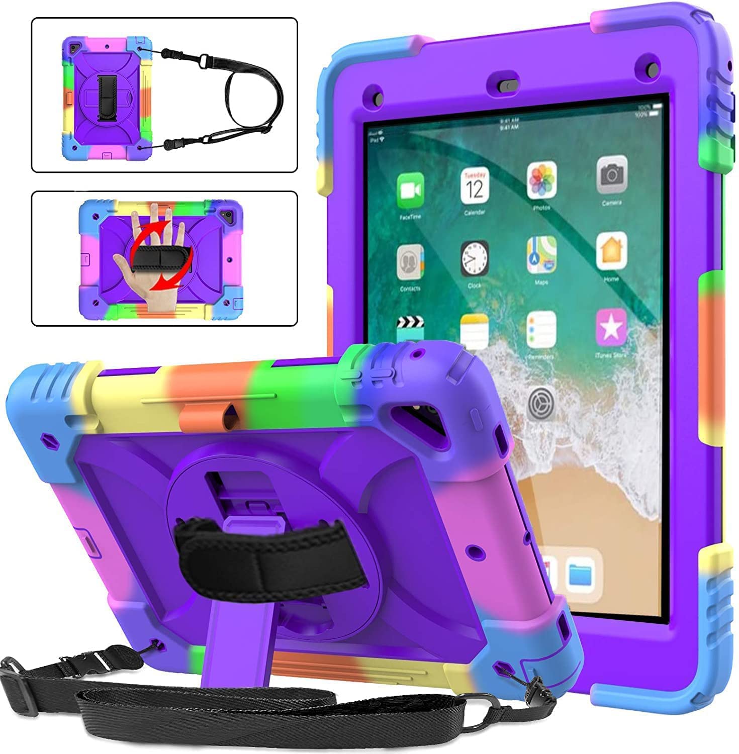 SINSOiPad Case for 6th/5th Generation, 9.7 Inch 2018/2017, Air 2/1 - Shockproof [360 Swivel Stand][Hand Strap][Pencil Holder] Kids Case, Purple