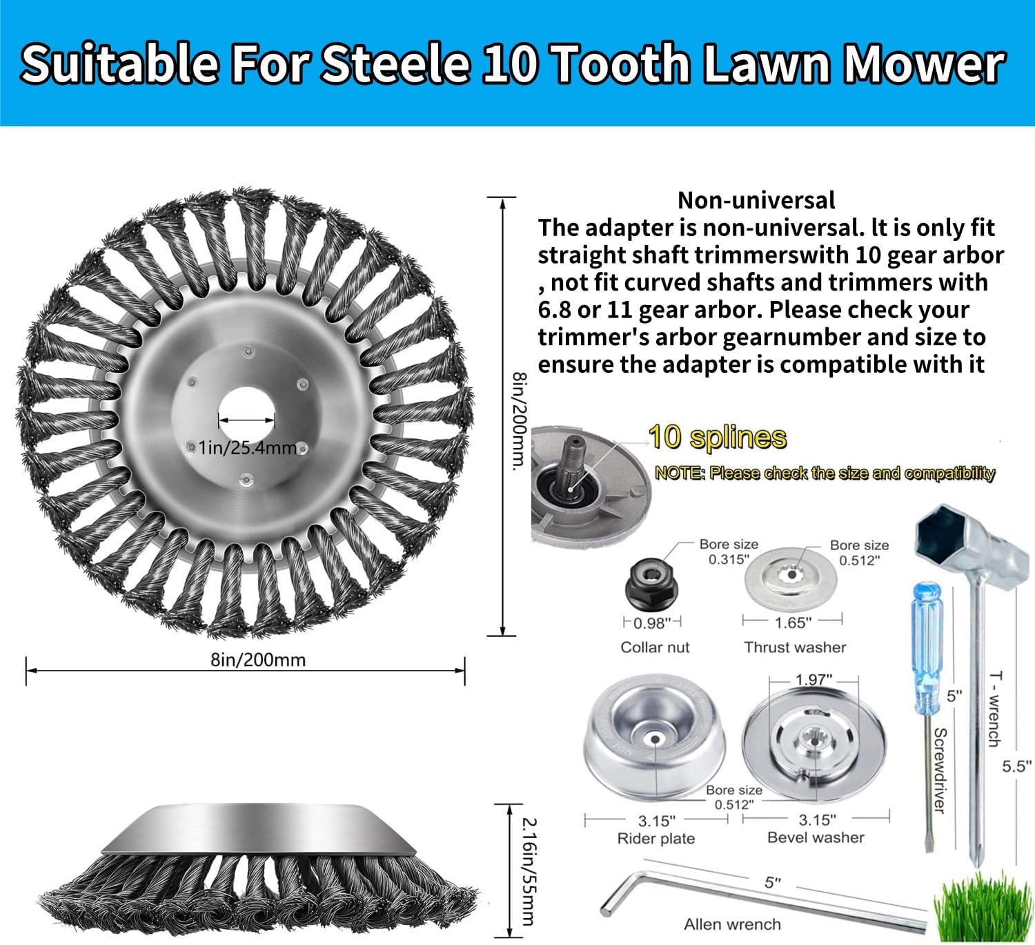 8 Inch Unbreakable Wired Trimmer Blade, Weed Eater Head, Steel Wire Rotary Brush Cutter Trimmer Head, Wire Trimmer Head for Moss Grass Rust Removal, Paving Stone, Pavement Joints or Driveway