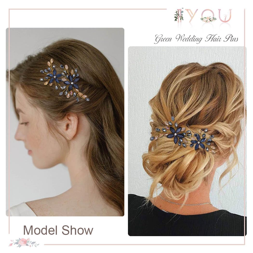 IYOU Rhinsetone Wedding Hair Pins Navy Blue Flower Head Piece Crystal Baroque Bridesmaid Prom Hair Accessories for Women(Pack of 2) - Image 2