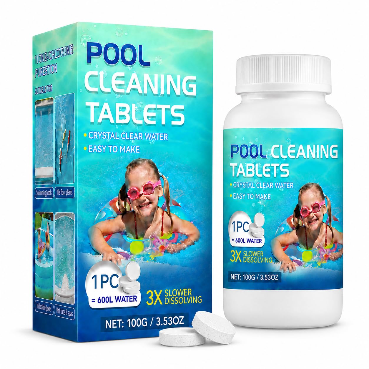 100PCS Chlorine Tablets for Swimming Pools, Hot Tubs & Spas