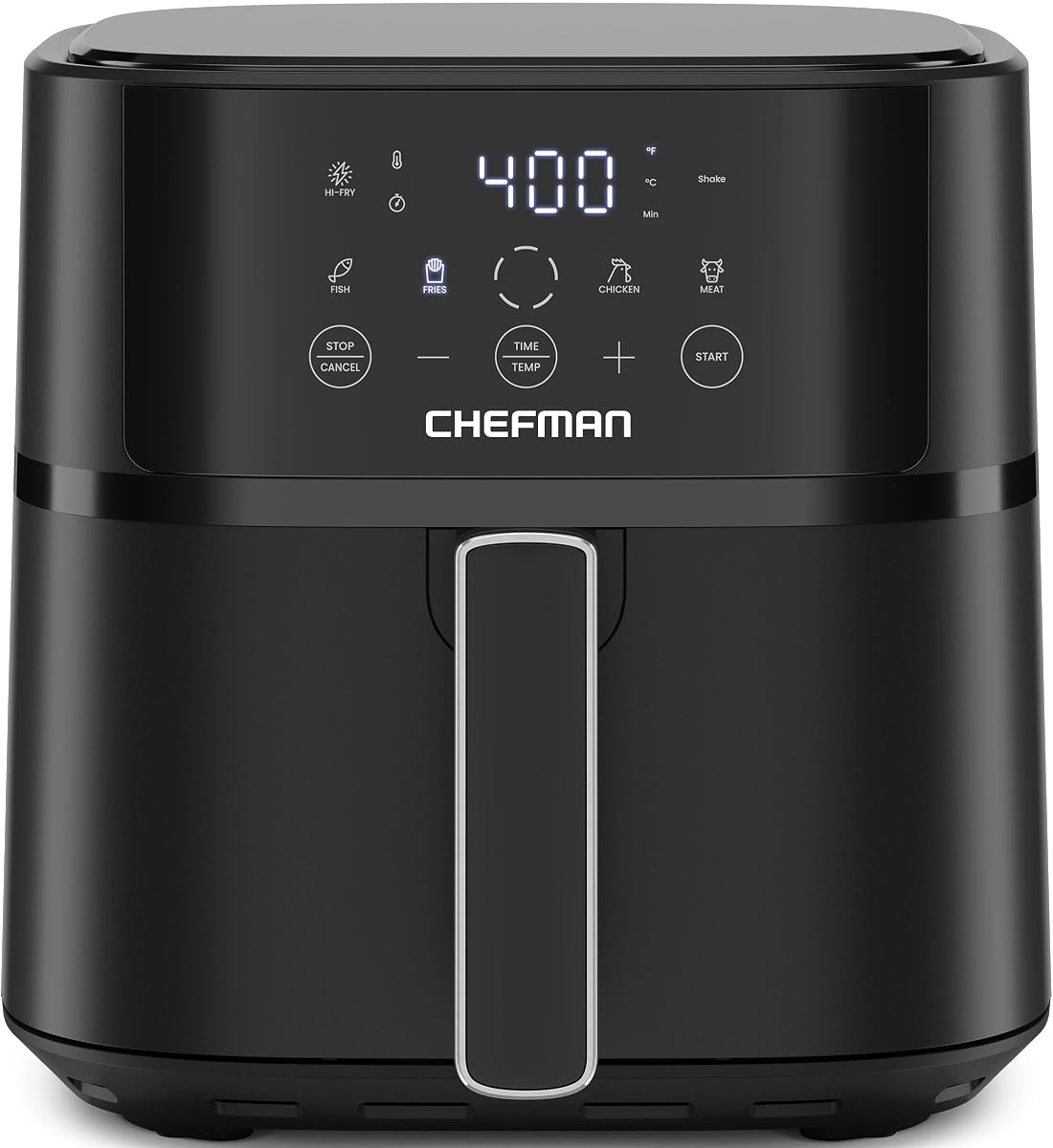 Freidora de aire Chefman – Freidora de aire compacta de 6 cuartos para comidas rápidas y fáciles en minutos, cuenta con tecnología Hi-Fry para mayor crujiente, controles de pantalla táctil con 4 preajustes, cesta antiadherente y apta para lavavajillas, color negro
