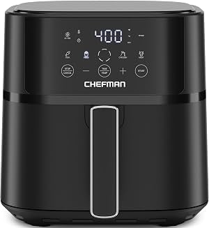 Freidora de Aire Chefman – Freidora Compacta de 6 QT para Comidas Rápidas y Fáciles en Minutos, con Tecnología Hi-Fry para Extra Crujiente, Controles Táctiles con 4 Preajustes, Canasta Antiadherente y Apta para Lavavajillas - Negro