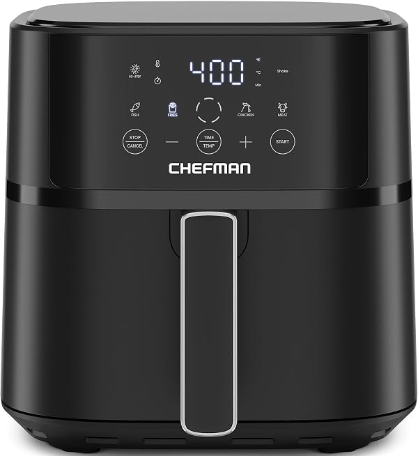 Chefman Air Fryer – 6 QT Compact Airfryer for Quick & Easy Meals in Minutes, Features Hi-Fry Technology for Extra Crisp, Touchscreen Controls with 4 Presets, Nonstick & Dishwasher Safe Basket - Black, 6 quart - No Window