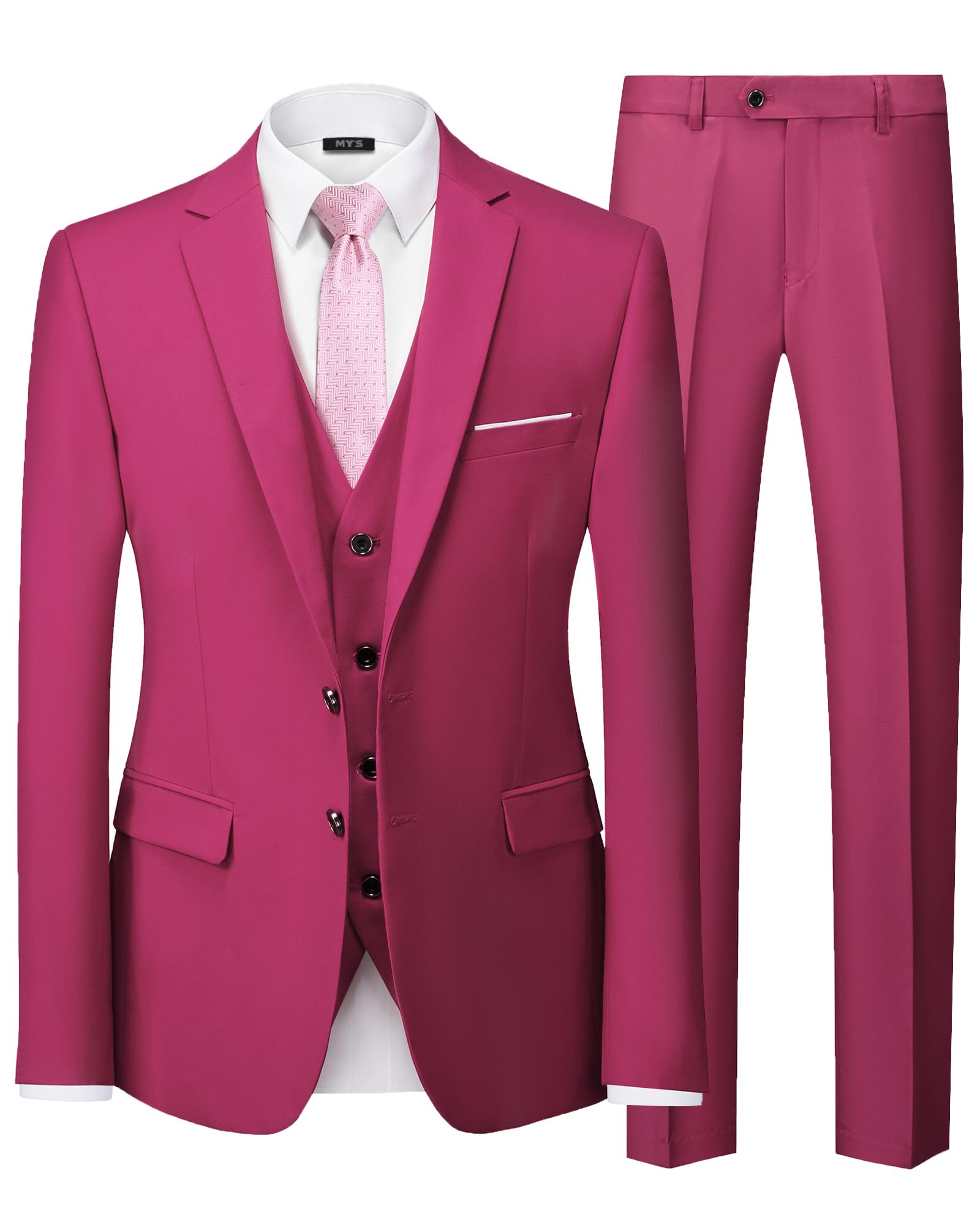 MY'S Men's 3 Piece Slim Fit Suit Set, 2 Button Blazer Jacket Vest Pants with Tie, Solid Wedding Dress Tux and Trousers