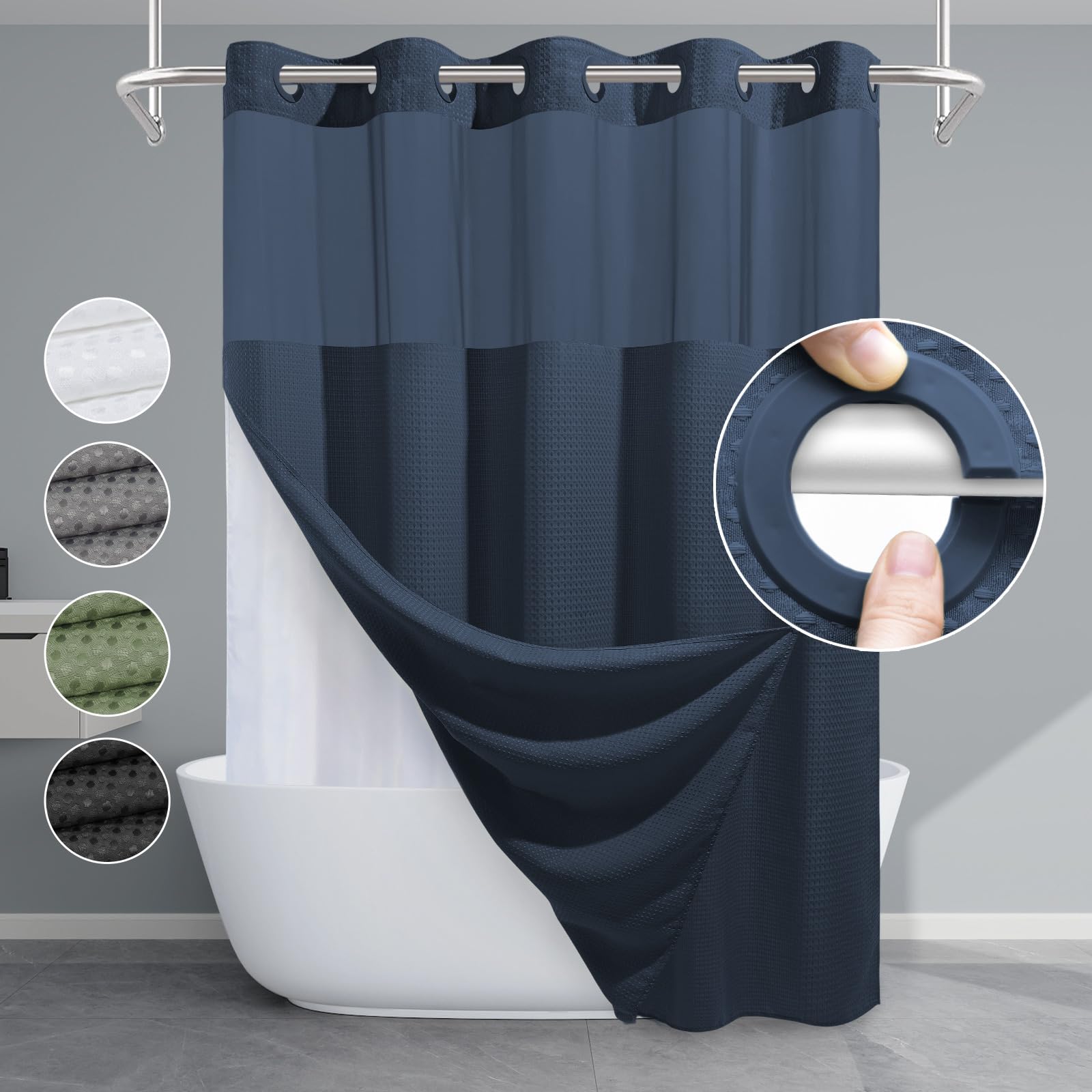 EUTXL Navy Blue No Hook Shower Curtain with Snap in Liner,230GSM Waffle Weave Shower Curtains for Bathroom,71W x 74H