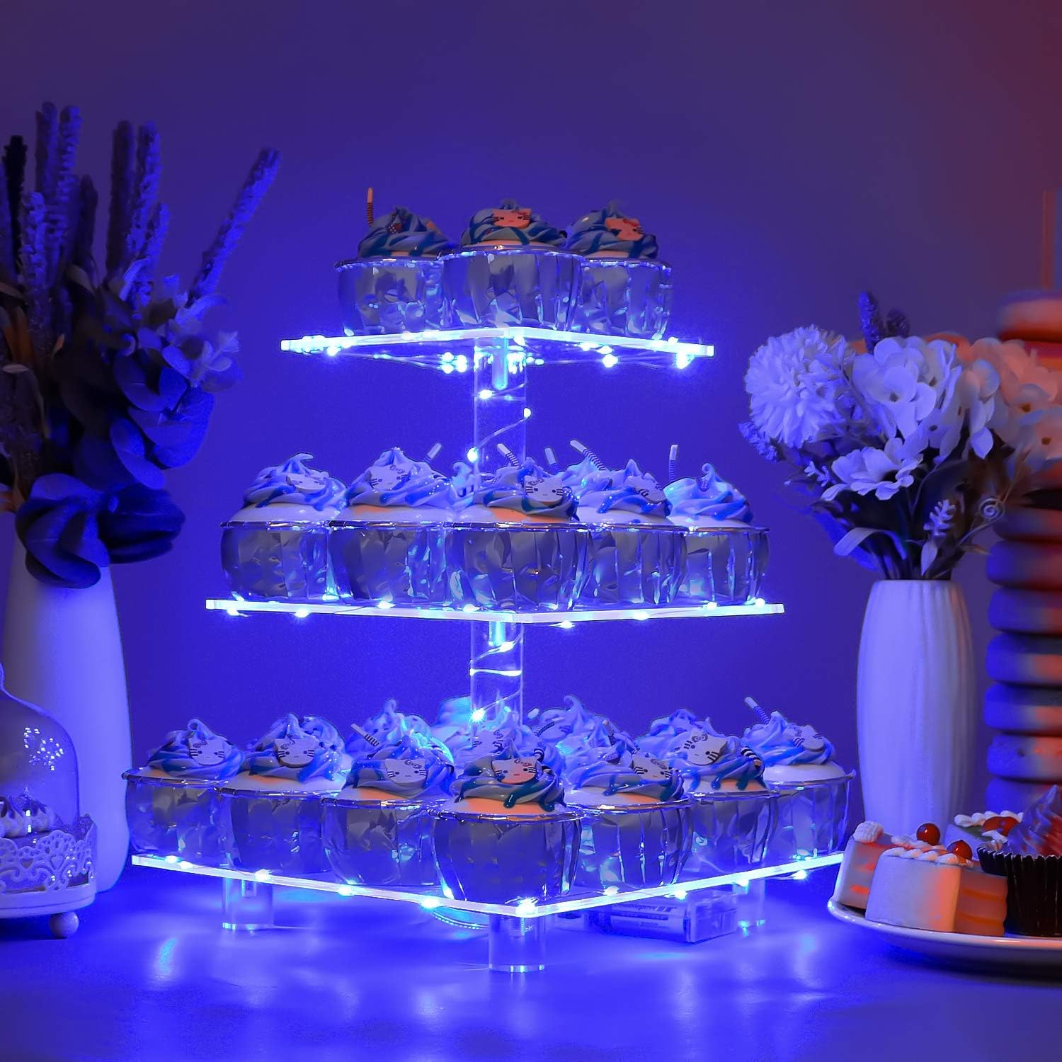3 Pisos Soporte Cupcakes, Cupcake Stand Plaza de Azul + Luz de Cuerda LED Amarilla, Pasteles de Postre Soporte para Cumpleaños, Boda, Graduación, Aniversario & Decoración de Fiesta